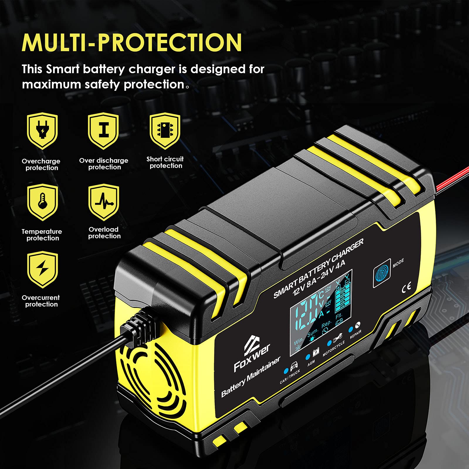 12V8A 24V4A Smart Battery Charger Maintainer - Intelligent Trickle Charger with Temperature Compensation & Desulfator for Car, Motorcycle, Boat, RV - Perfect for Winter Storage & Long-Term Maintenance
