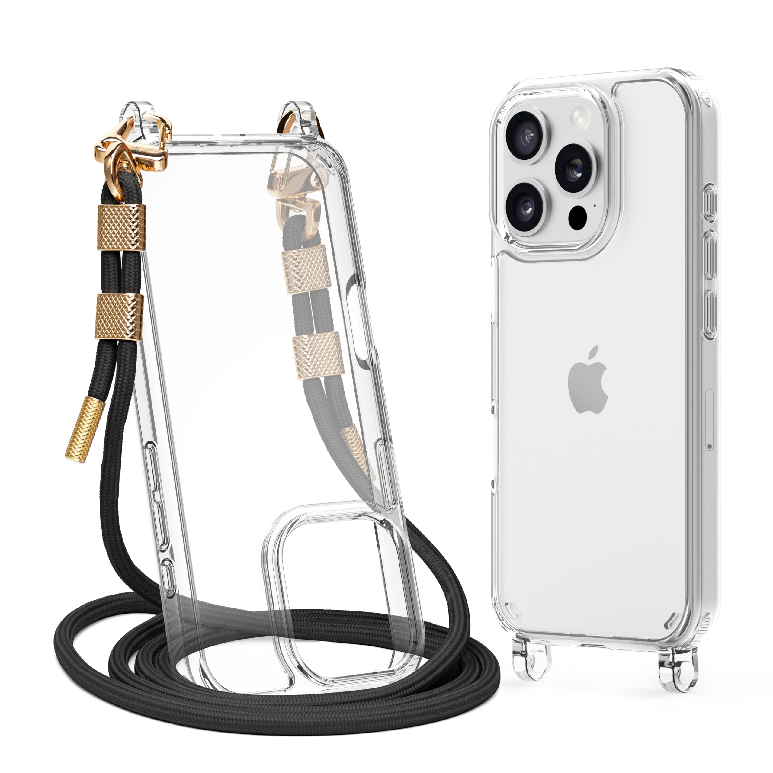 Shockproof Clear iPhone 16 Pro Case with Adjustable Crossbody Strap & Lanyard - Protective Phone Cover for Everyday Use, Travel & Outdoor Activities (Black)
