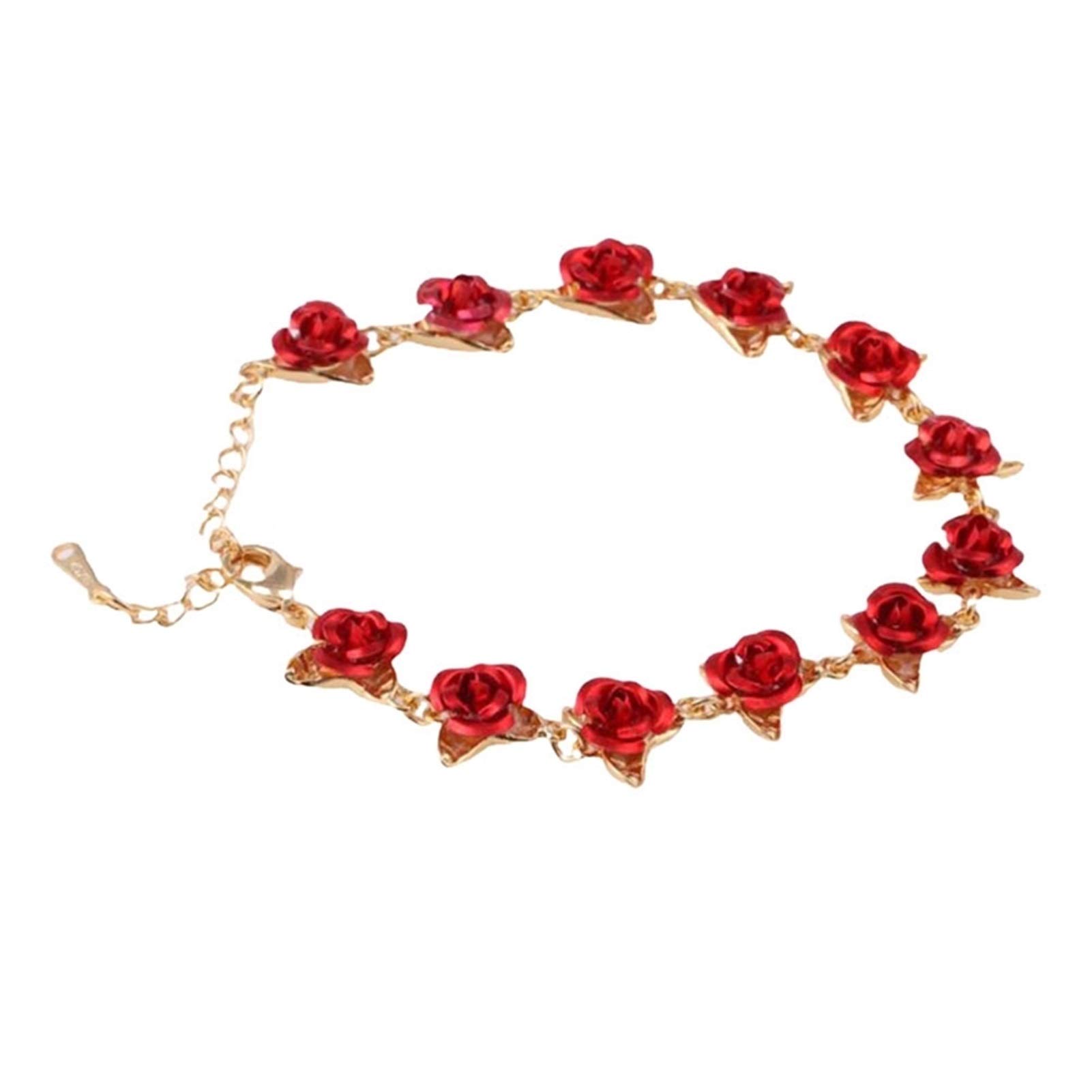 JIEERCUN 22cm Rose Gold Link Chain Bracelet with Red Enamel Rose Charm - Romantic Valentine's Day Gift for Women | Perfect for Anniversaries, Date Nights & Special Occasions