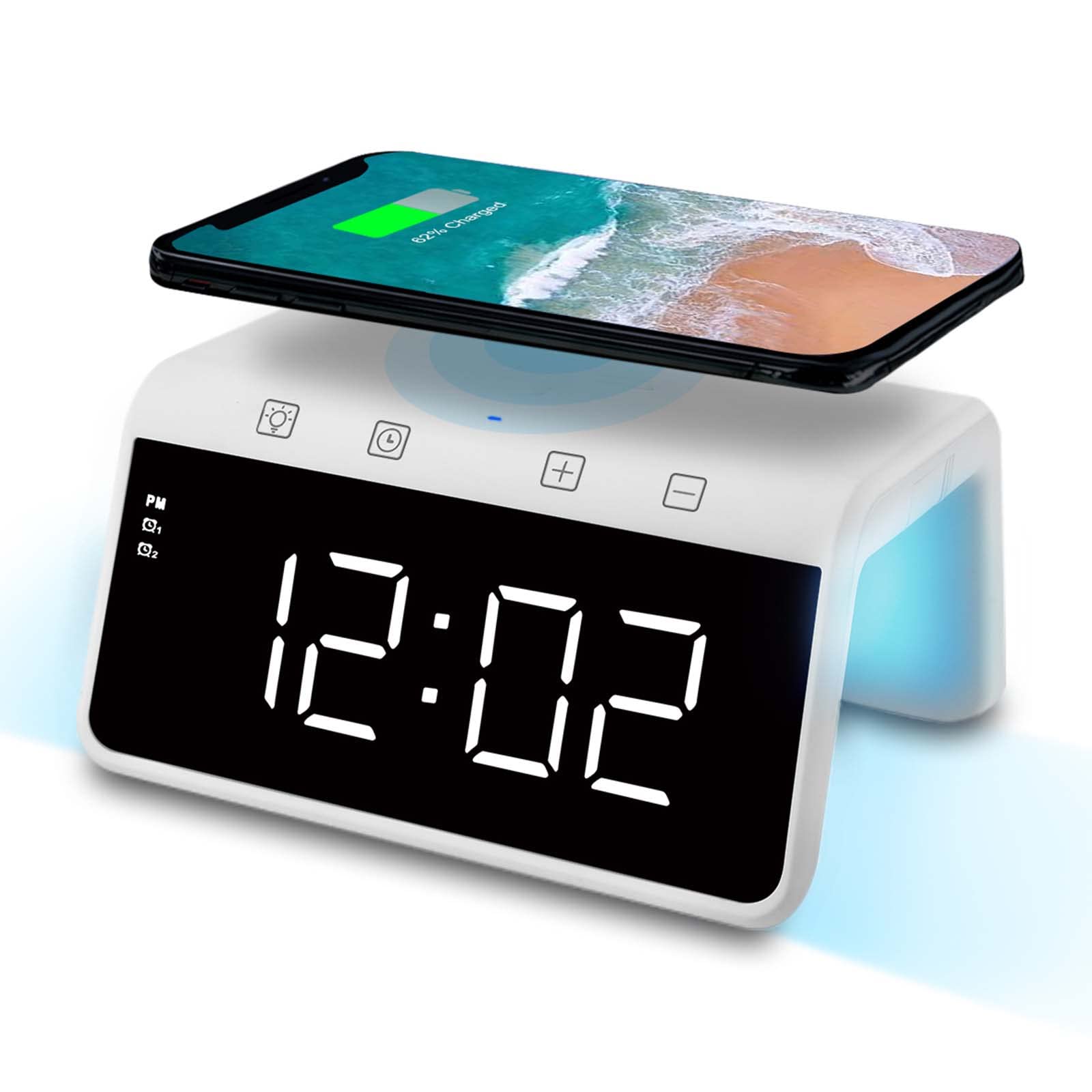 Think Gizmos Wireless Charger Alarm Clock for iPhone & Android - Qi Fast Charging Pad, Dimmable LED Display, Dual Alarm, Color Changing Night Light - Perfect for Bedroom, Office & Travel (White, Model TG809)