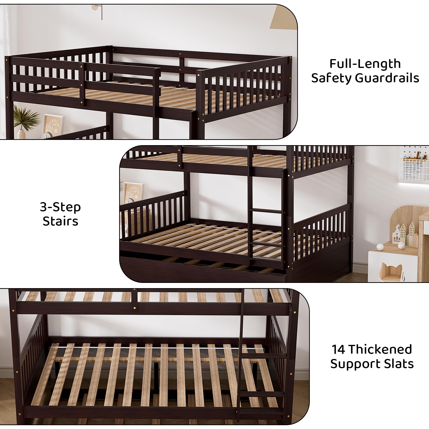 Rophefx Full Over Full Bunk Bed with Trundle - Convertible to 2 Full Size Bunk Beds, Solid Wood Construction with Safety Rails & Ladder - Space-Saving Bed for Adults, Teens & Kids - Perfect for Dorms, Guest Rooms & Small Apartments (Espresso Finish)