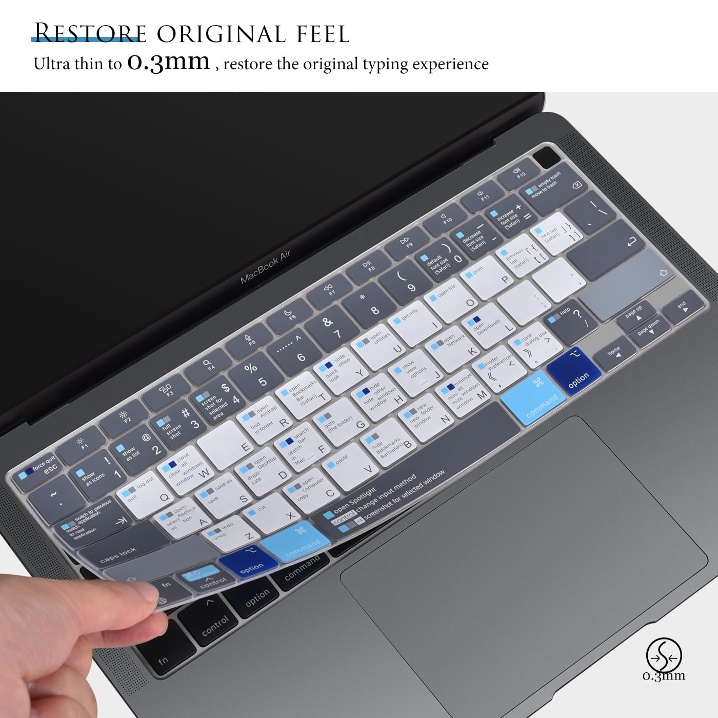 Silicone Keyboard Cover for MacBook Air 13 inch 2020 (A2337 M1 A2179) with Touch ID - Magic Keyboard Skin with Mac OS Shortcut Keys (Blue & White) - Perfect for Work, Study & Travel Protection