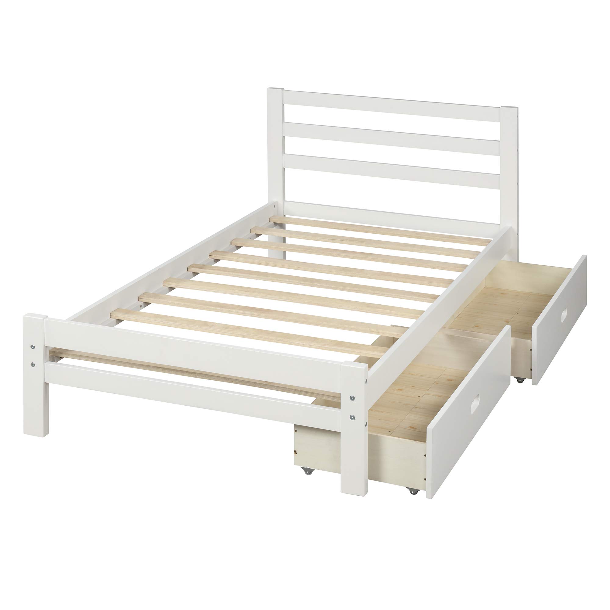 **Solid Wood Twin Platform Bed Frame with 2 Storage Drawers & Headboard - Sturdy Wood Slat Support, No Box Spring Needed - Easy Assembly for Small Bedrooms, Guest Rooms & Dorm Rooms**