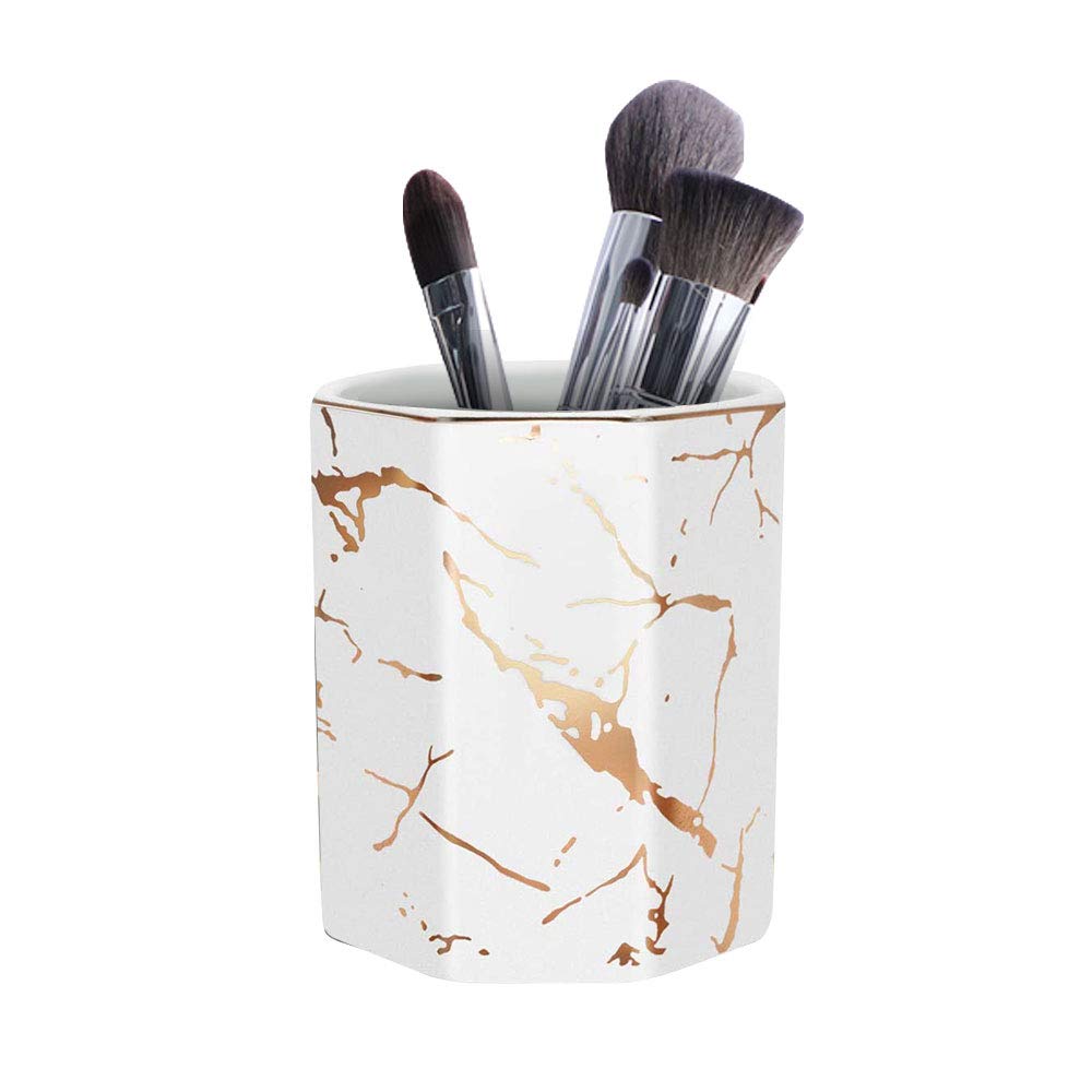 Ceramic Pen Holder for Desk - Cute Marble Pattern with Gold Trim, Desk Organizer & Makeup Brush Holder for Women, Office & Home Use | Perfect for Workstation, Vanity Table & Gift Giving