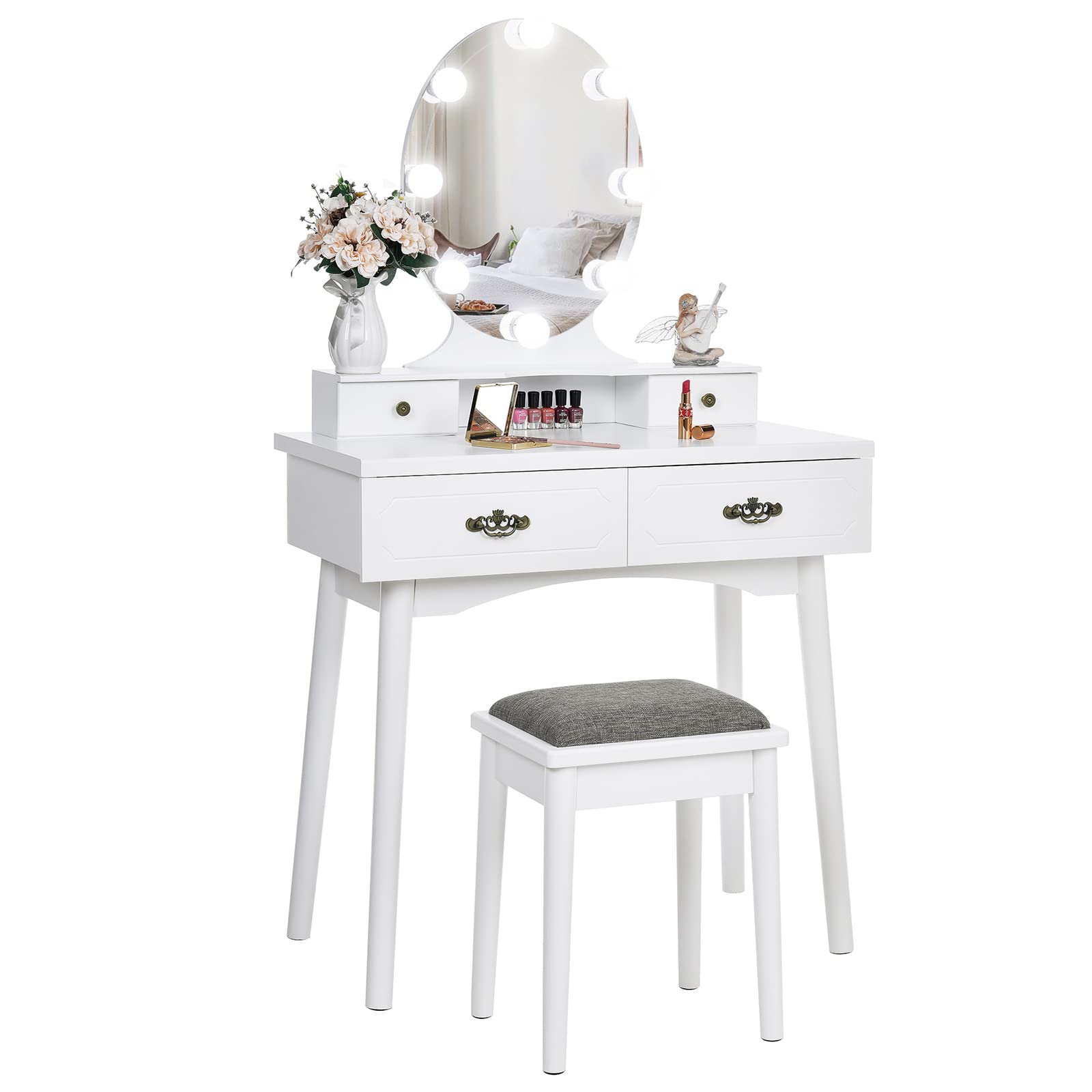 ANWBROAD Vanity Set with LED Lighted Mirror, Makeup Desk with 8 Bulbs, 3 Color Modes & Dimming - White Vanity Table with Cushioned Stool, 4 Drawers & 3 Dividers - Perfect for Bedroom, Dressing Room & Beauty Salon
