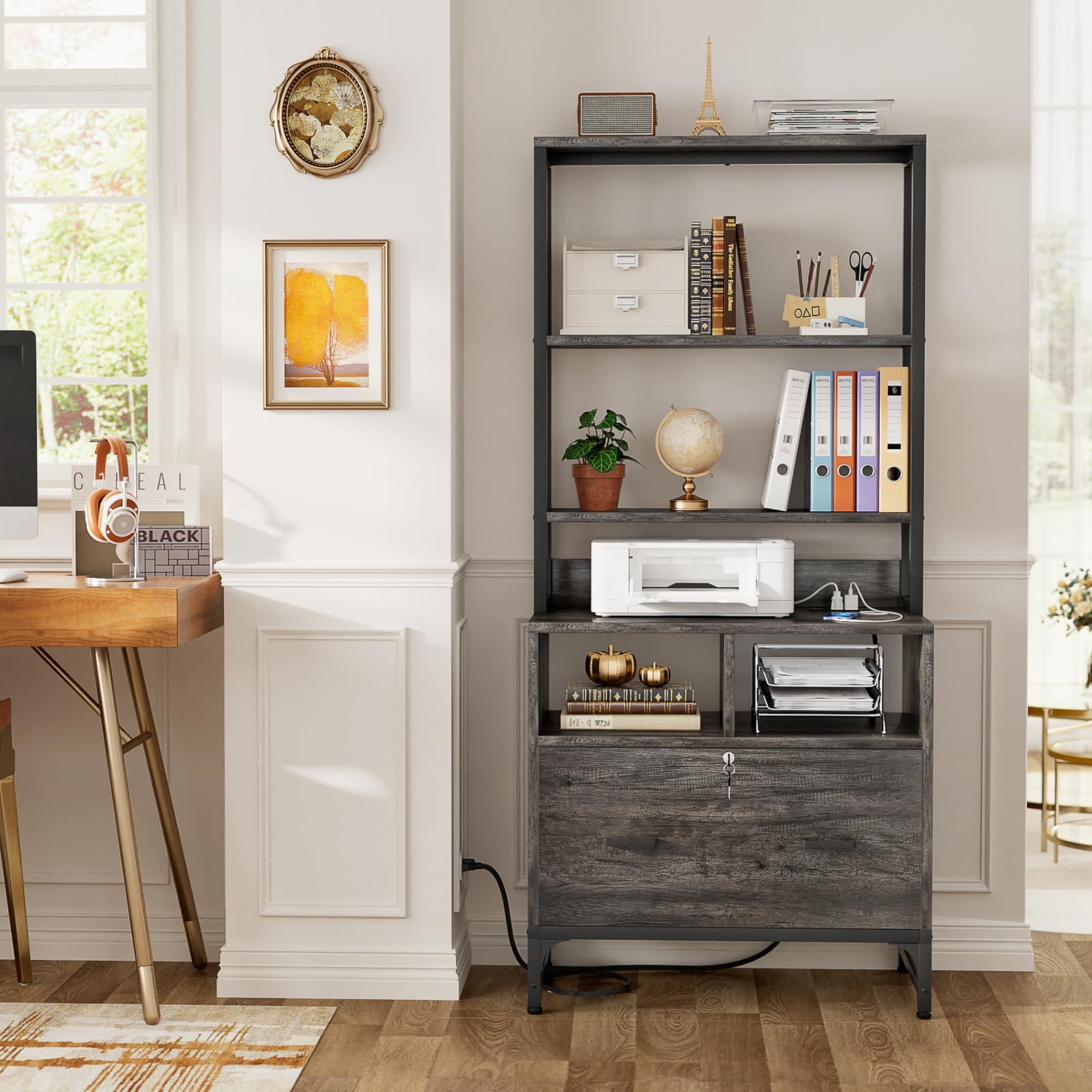 Homieasy File Cabinet with USB Charging Station - Lockable Vertical Filing Cabinet with Large Drawer & Storage Shelves - Office Printer Stand Organizer for Letter/A4/Legal Size Documents - Perfect for Home Office & Workspace Organization (Grey)