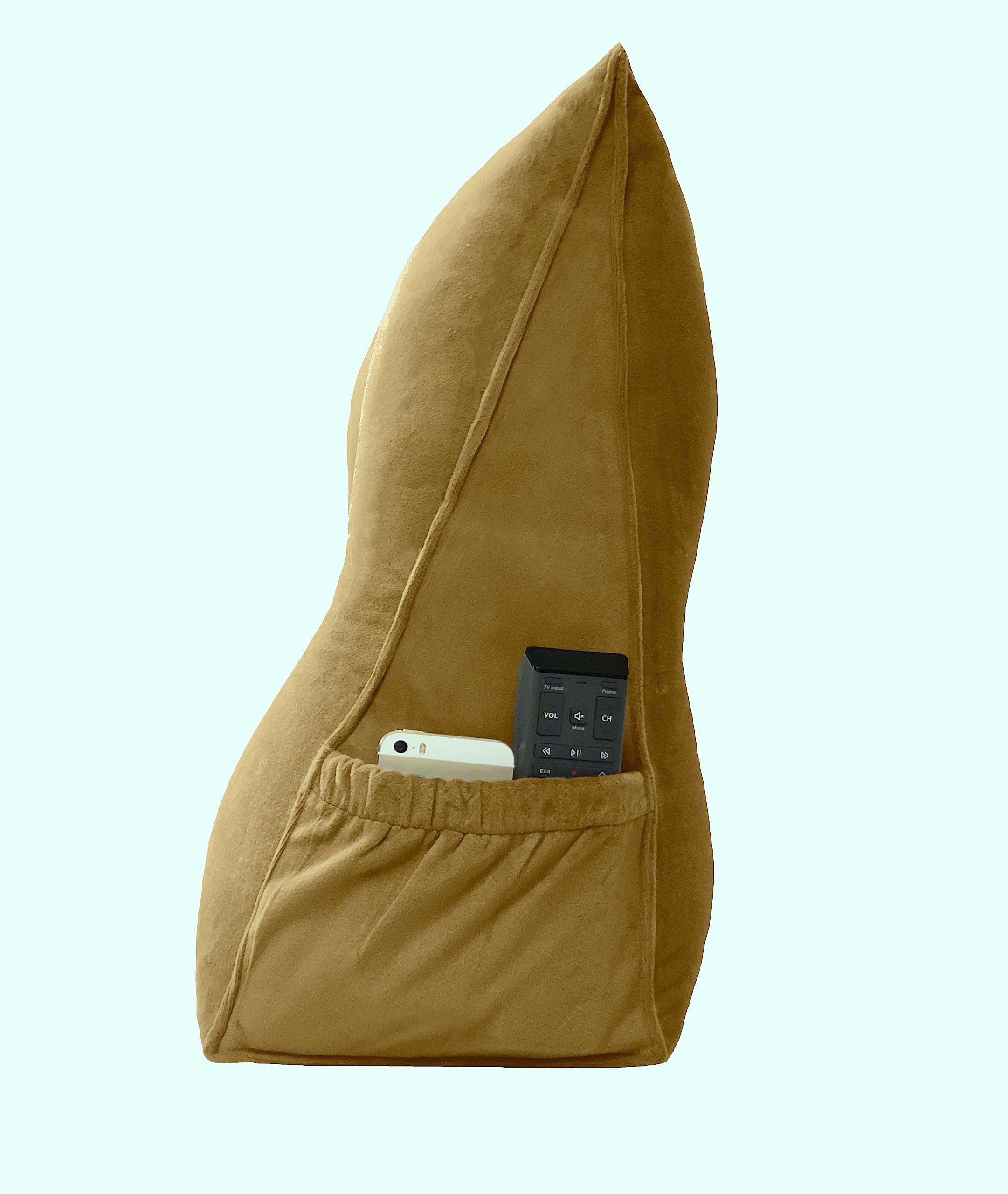 Triangular Reading Pillow with Removable Cover & Side Pockets - Large Wedge Backrest Cushion for Bed, Sofa, or Floor (Golden Brown, Queen Size 59x8x20in) - Perfect for Reading, Relaxing, Watching TV, or Lounging