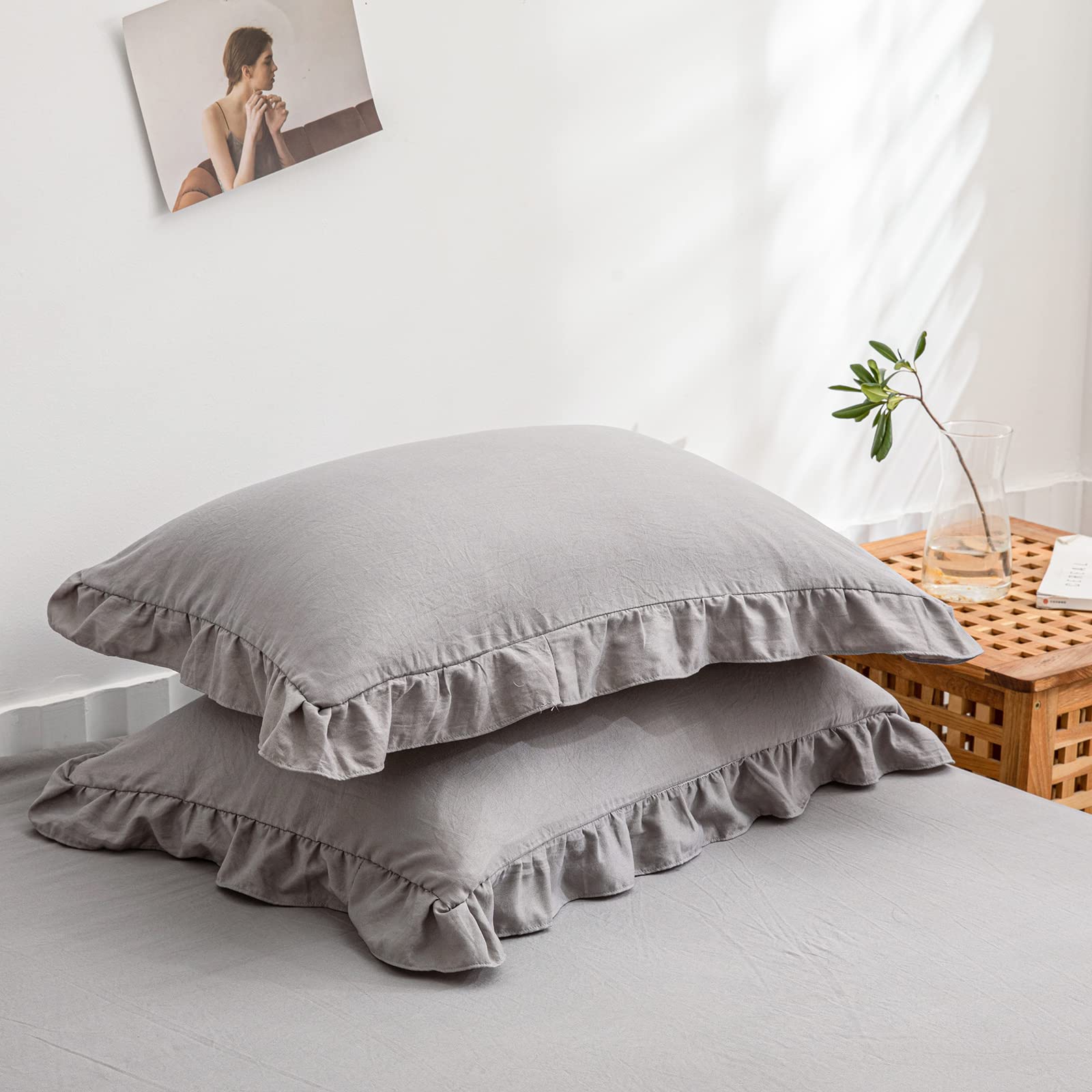 Light Gray Ruffled Pillowcases Set of 2 - Queen Size 20x30 Inches, Shabby Chic Decorative Pillow Covers for Bedroom, Living Room & Sofa Decor