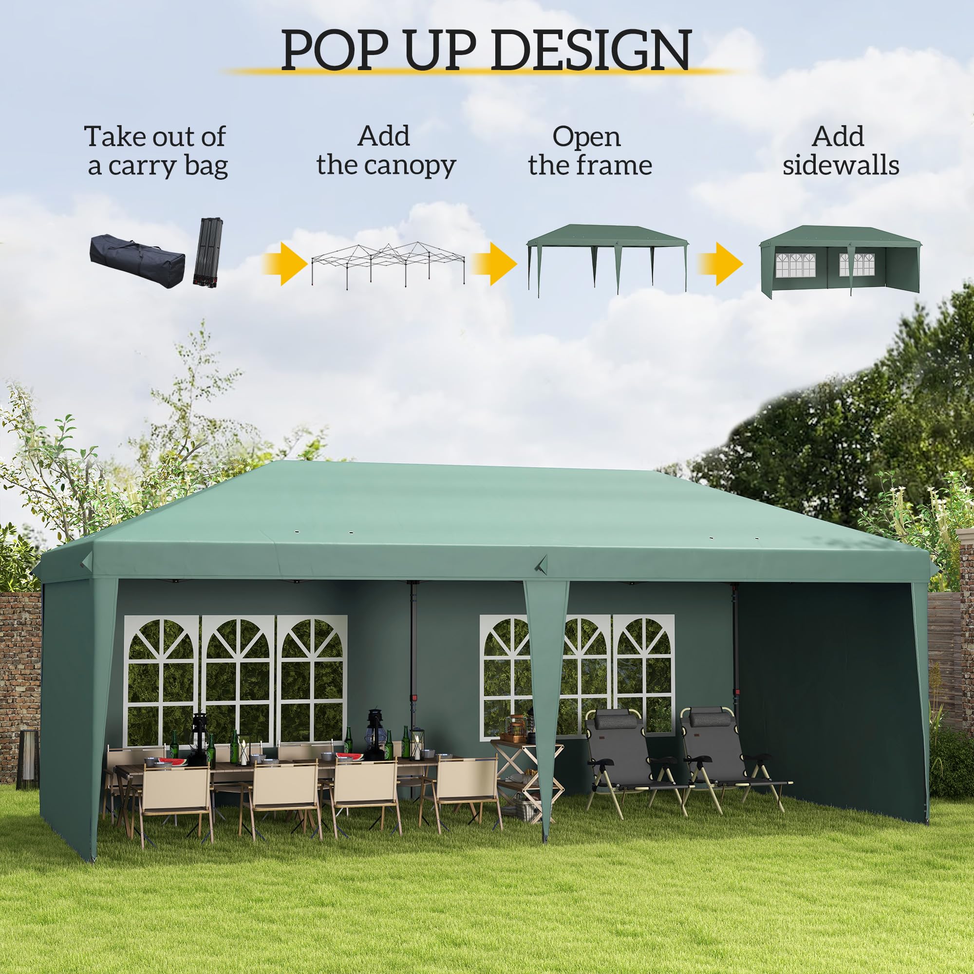 Outsunny 10' x 20' Heavy Duty Pop Up Canopy Tent with 4 Sidewalls & Carrying Bag - Instant Outdoor Gazebo for Parties, Garden, Patio, Camping, Beach, and Backyard Events