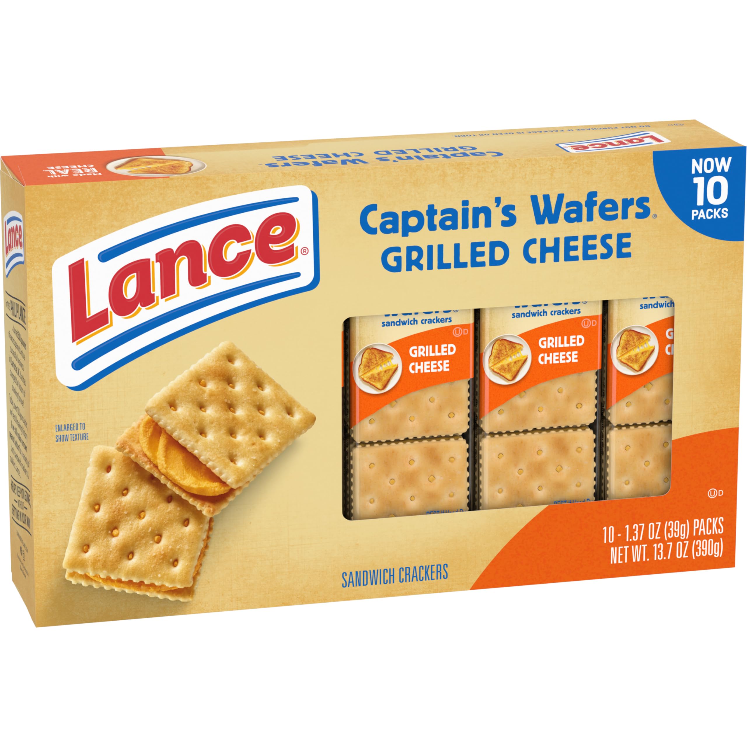 Lance Sandwich Crackers - Captain's Wafer Grilled Cheese Flavor (10 Packs, 6 Sandwiches Each) | Crunchy Snack for Lunch Boxes, Road Trips & Office Breaks