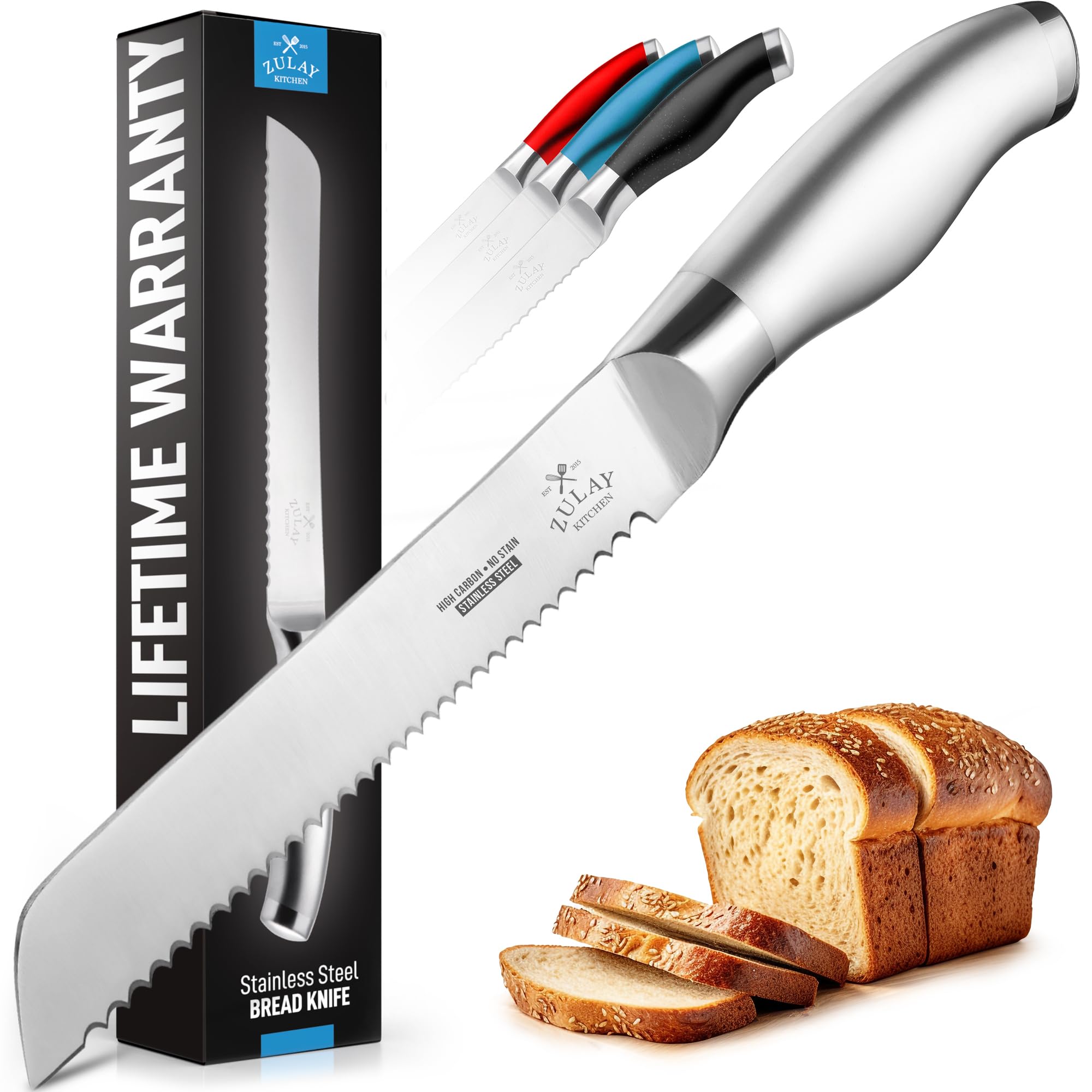 Zulay Kitchen 8-Inch Serrated Bread Knife - Ultra Sharp Stainless Steel Blade for Slicing Bread, Cakes, Bagels & Pastries - Ergonomic 5-Inch Handle with Wavy Edge Design - Perfect for Home Baking, Restaurants & Professional Kitchens