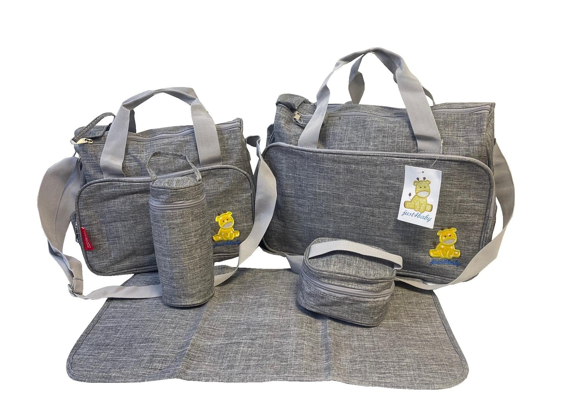 Just4baby 5pcs Waterproof Diaper Changing Bags - Grey Large Set with Multi Sections for Baby Care & Travel