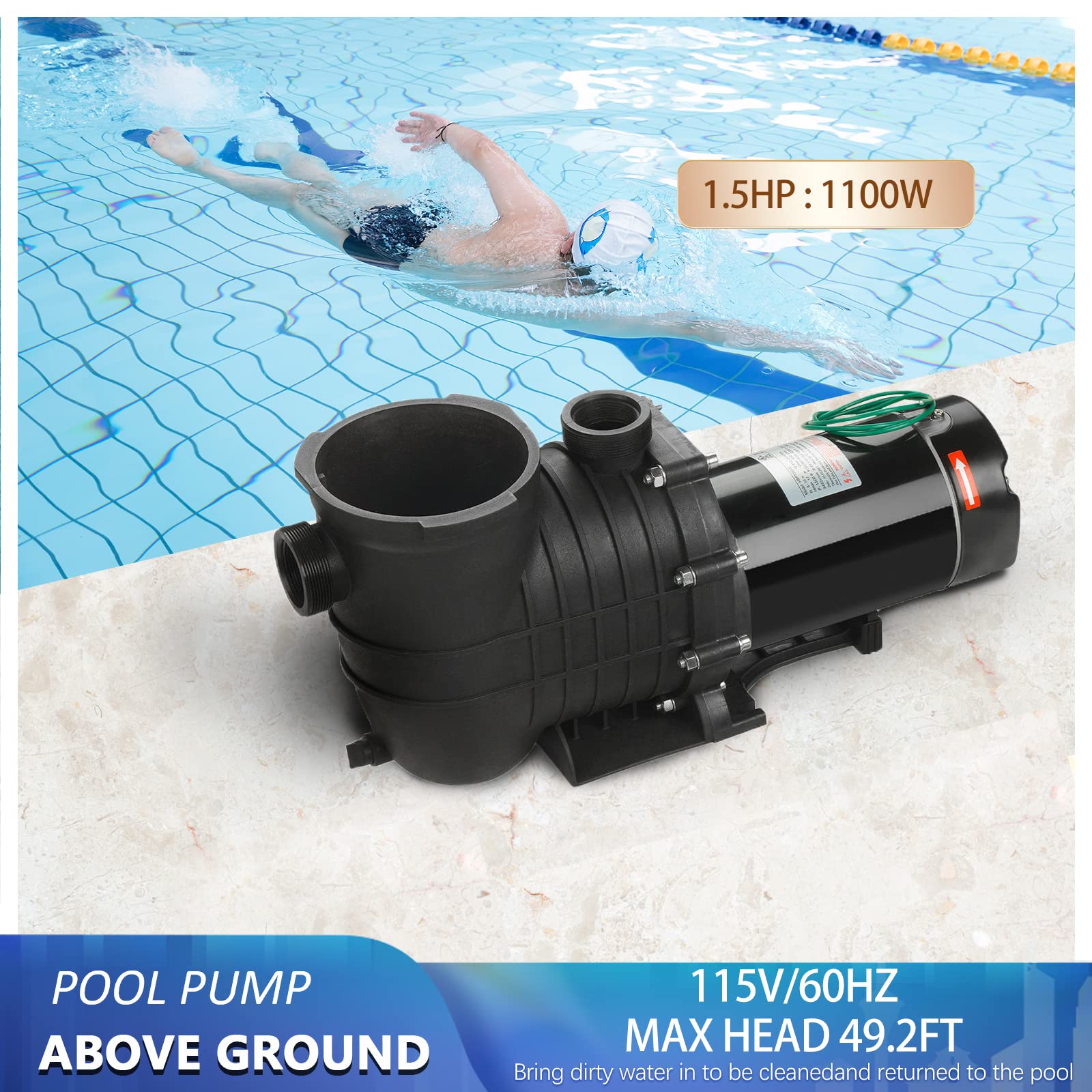 1.5 HP Inground/Above Ground Swimming Pool Pump - 110V/220V Dual Voltage, Self-Priming with Strainer Basket & Drain Plug - 1100W 60Hz Quiet Operation - Perfect for Backyard Pools, Spas & Water Features