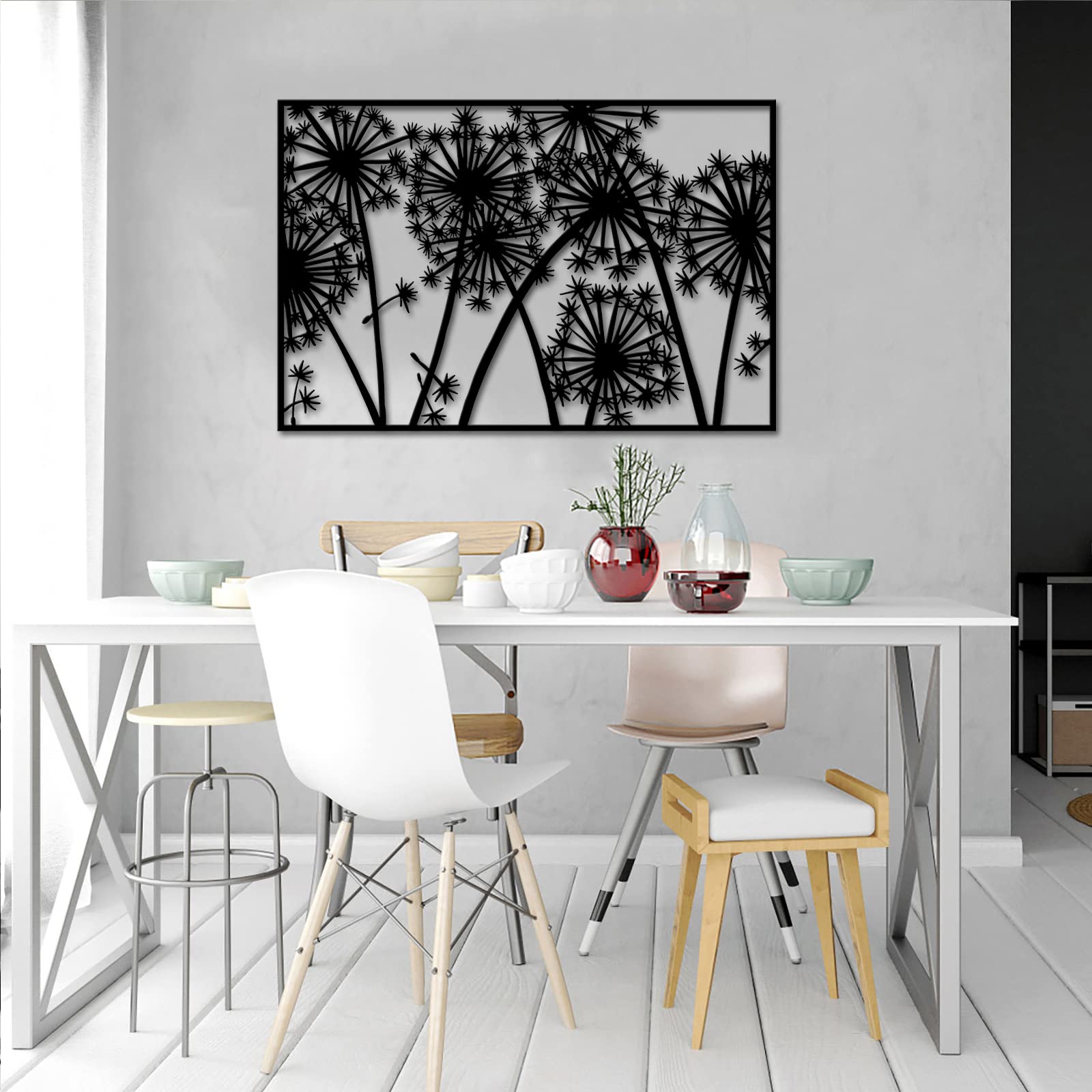 RnnJoile Metal Dandelion Wall Art - Rustic Abstract Flower Decor for Home, Office & Living Room - Black Dandelion Wall Sculpture - Garden Decorations 24x36 Inch - Perfect for Farmhouse, Boho & Modern Interior Design