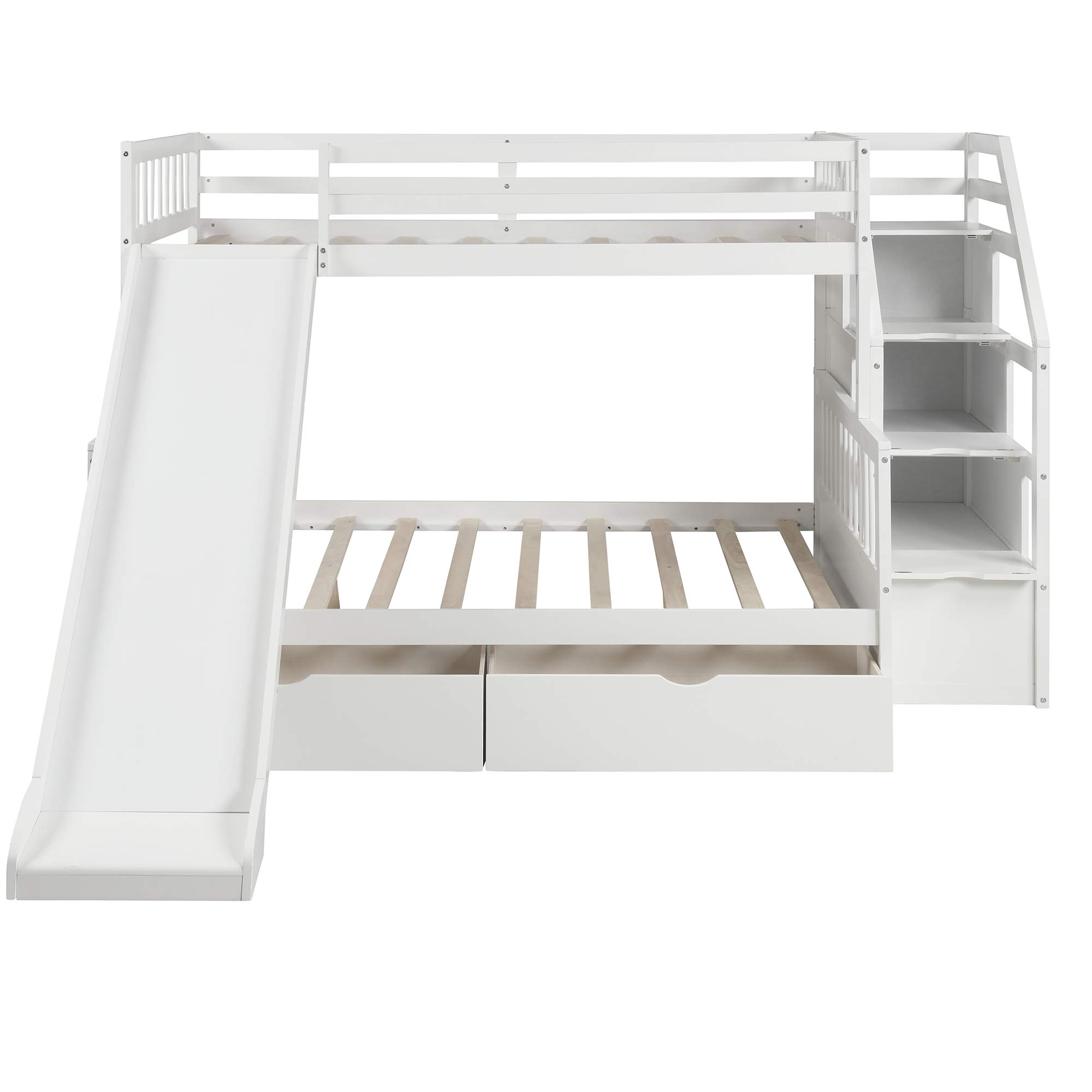 Twin Over Full Bunk Bed with Stairs & Storage - Kids & Adults - White
