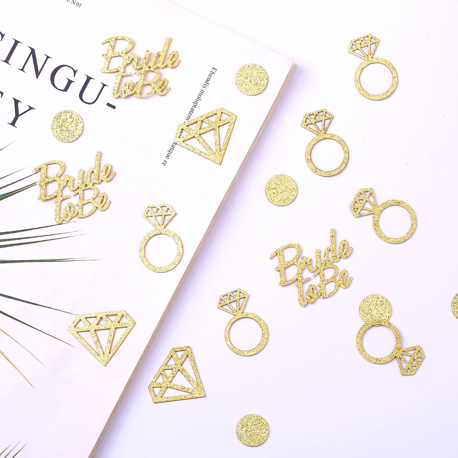 300pcs Gold Glitter Confetti for Bridal Shower Decorations - Diamond, Ring & Circle Shapes for Engagement Party, Wedding & Bachelorette Party Favors - Perfect for Table Scatter, Photo Backdrops & Gift Wrapping