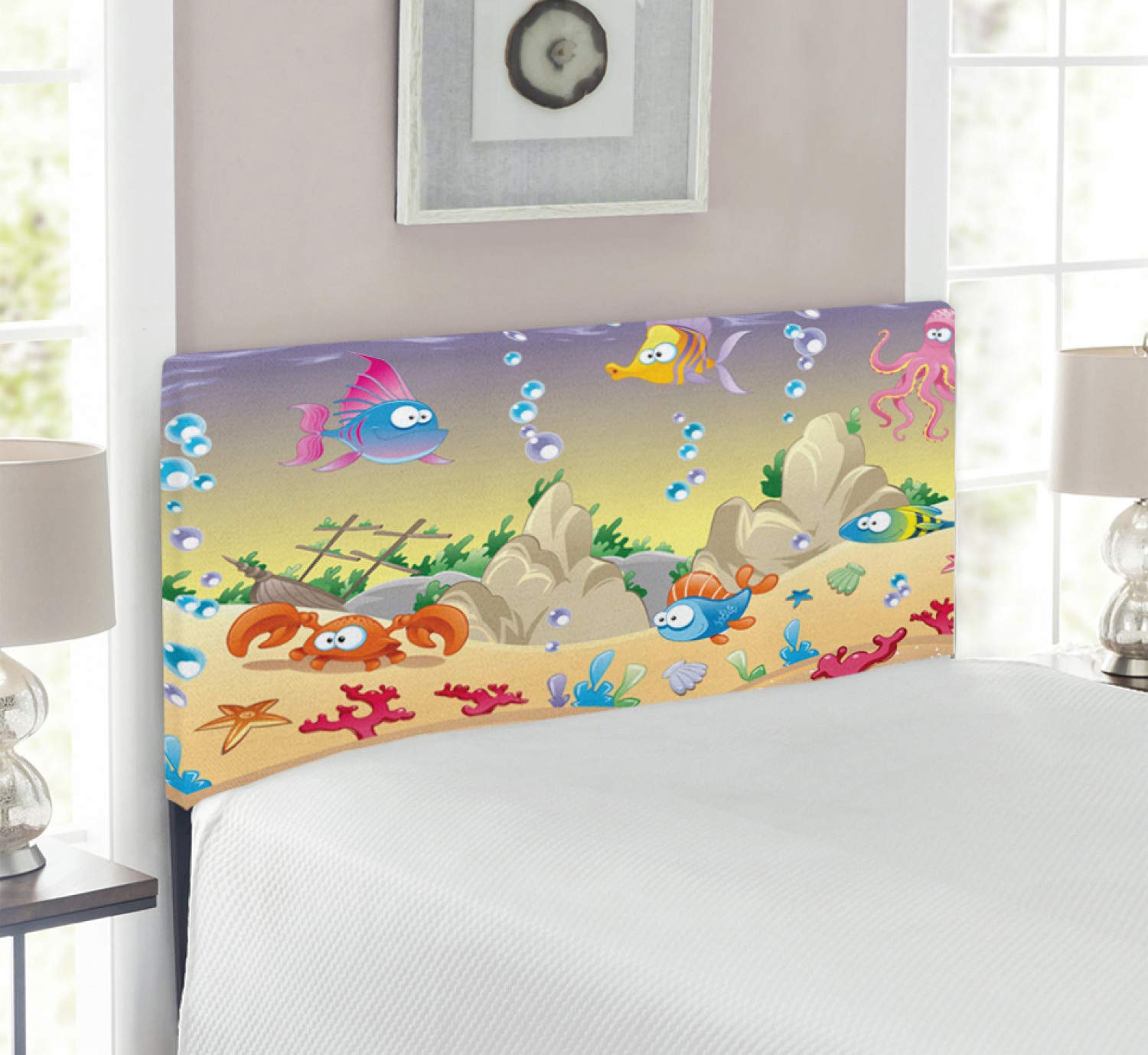Ambesonne Underwater Headboard - Cartoon Sea Animals, Fishes, Sunken Ship & Coral Reef Design - Upholstered Decorative Metal Bed Headboard with Memory Foam - Twin Size, Multicolor - Perfect for Kids' Bedrooms & Ocean-Themed Decor