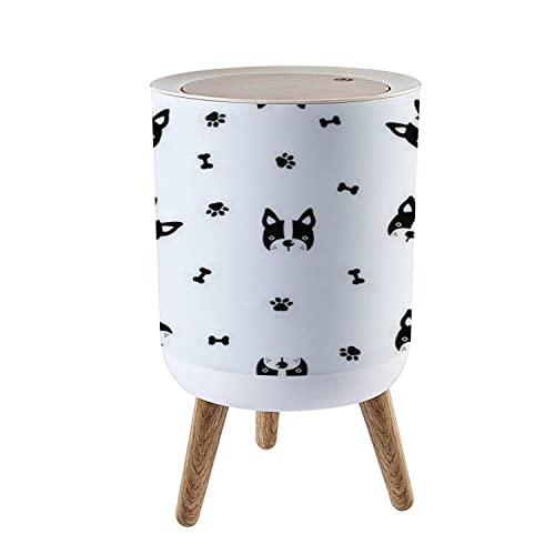 Small Trash Can with Lid - Cute French Bulldog Design, Hand-Drawn Black & White Pattern on Wooden Legs, Press Cover Garbage Bin for Kitchen, Bathroom & Office - Perfect for Waste Disposal in Homes, Offices & Dorms