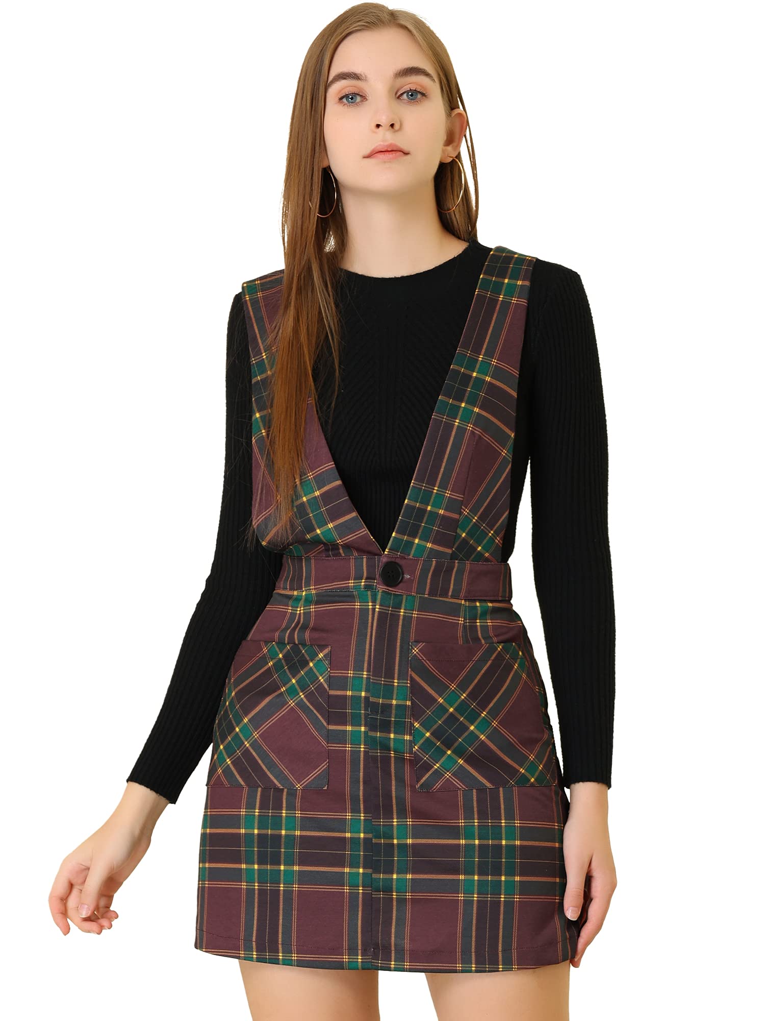 Allegra K Women's Plaid Overall Dress - V Neck Mini Pinafore Suspender Skirt | Casual Outfit, Spring Summer Fashion, Layering Piece for Women