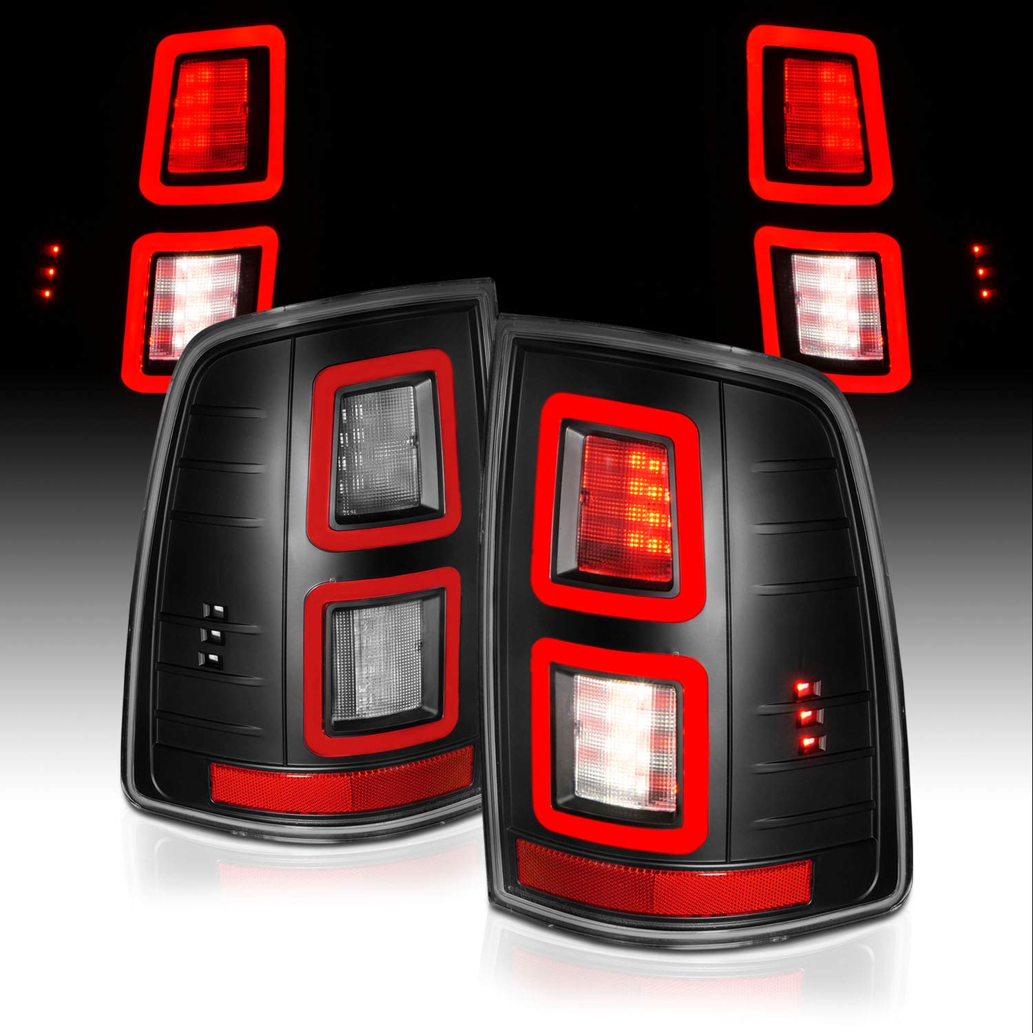 AmeriLite Full LED Parking Light Bar Brake Reverse Tail Lights for 2009-2018 Dodge Ram 1500 2500 3500 - Black Pair - Enhanced Night Visibility & Safety for Off-Roading & Truck Customization