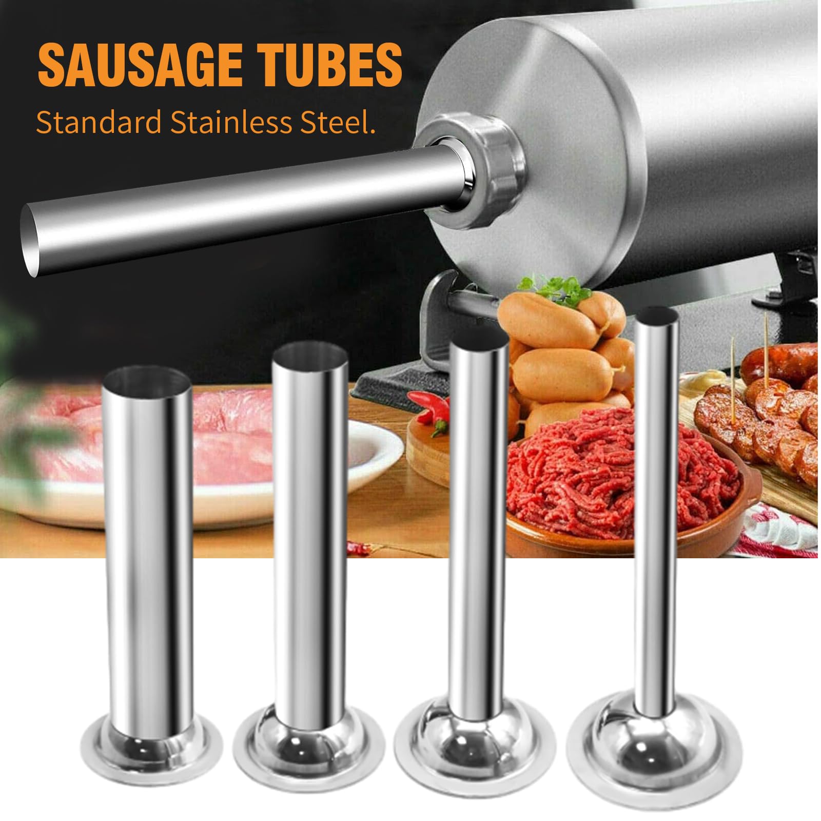 4Pcs Stainless Steel Sausage Stuffing Tubes & Nozzles for #5 Meat Grinder - Perfect for Homemade Sausage Making, Meat Processing, and Kitchen Food Prep