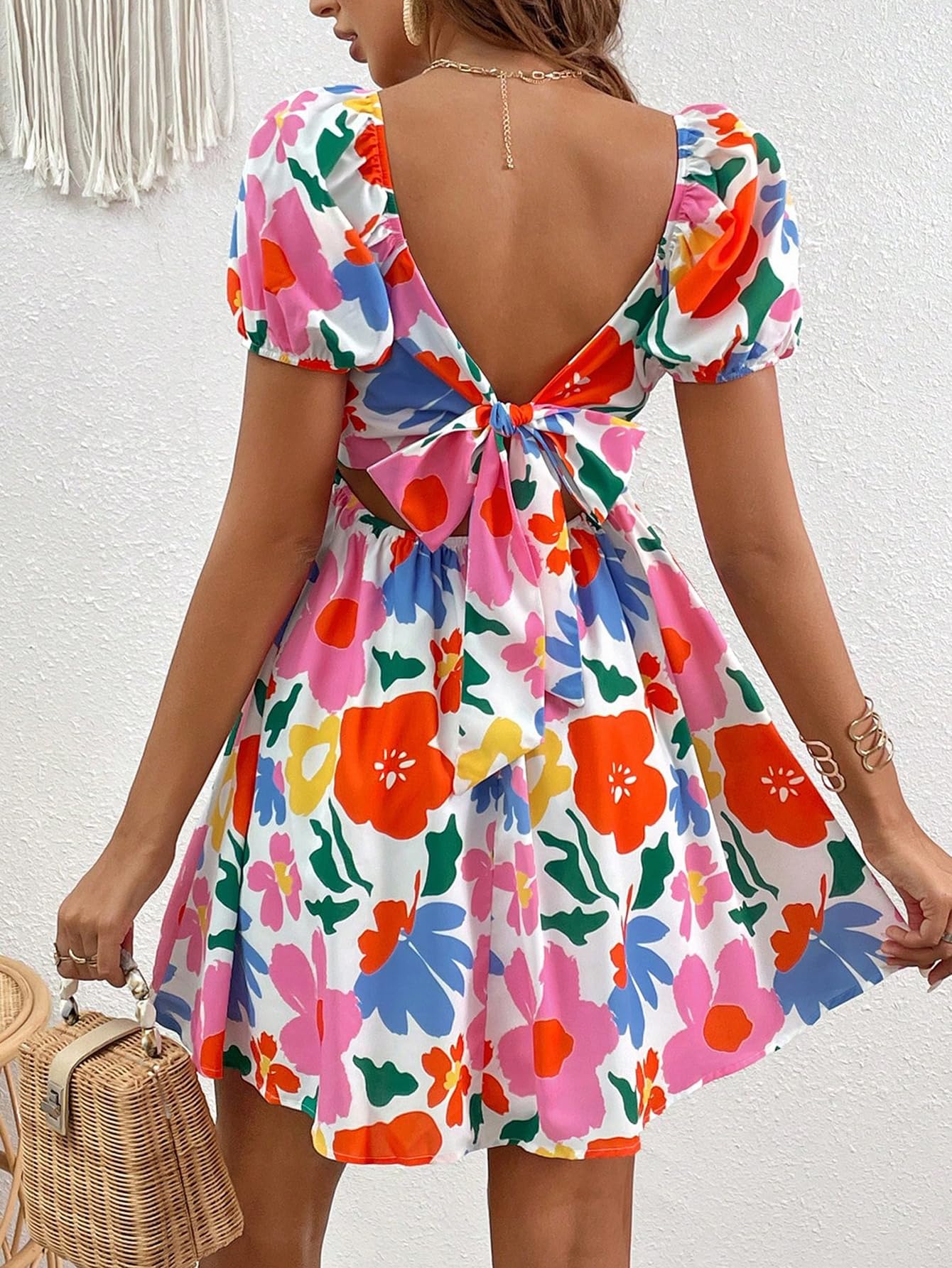 Verdusa Women's Boho Floral Print Short Sleeve Square Neck Puff Sleeve Mini Dress - Perfect for Summer Outfits, Beach Vacations & Casual Date Nights