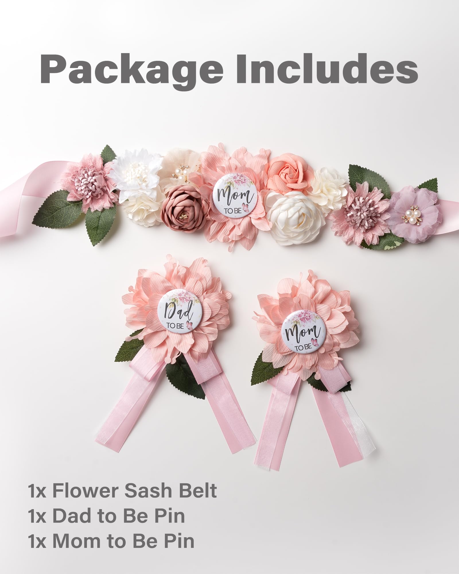 BumpPetal Flower Sash Set for Baby Showers - Mom to Be & Dad to Be Corsage Pins, Pink Floral Belt for Maternity Dresses - Perfect for Pregnancy Photos, Gender Reveal Parties & Maternity Events