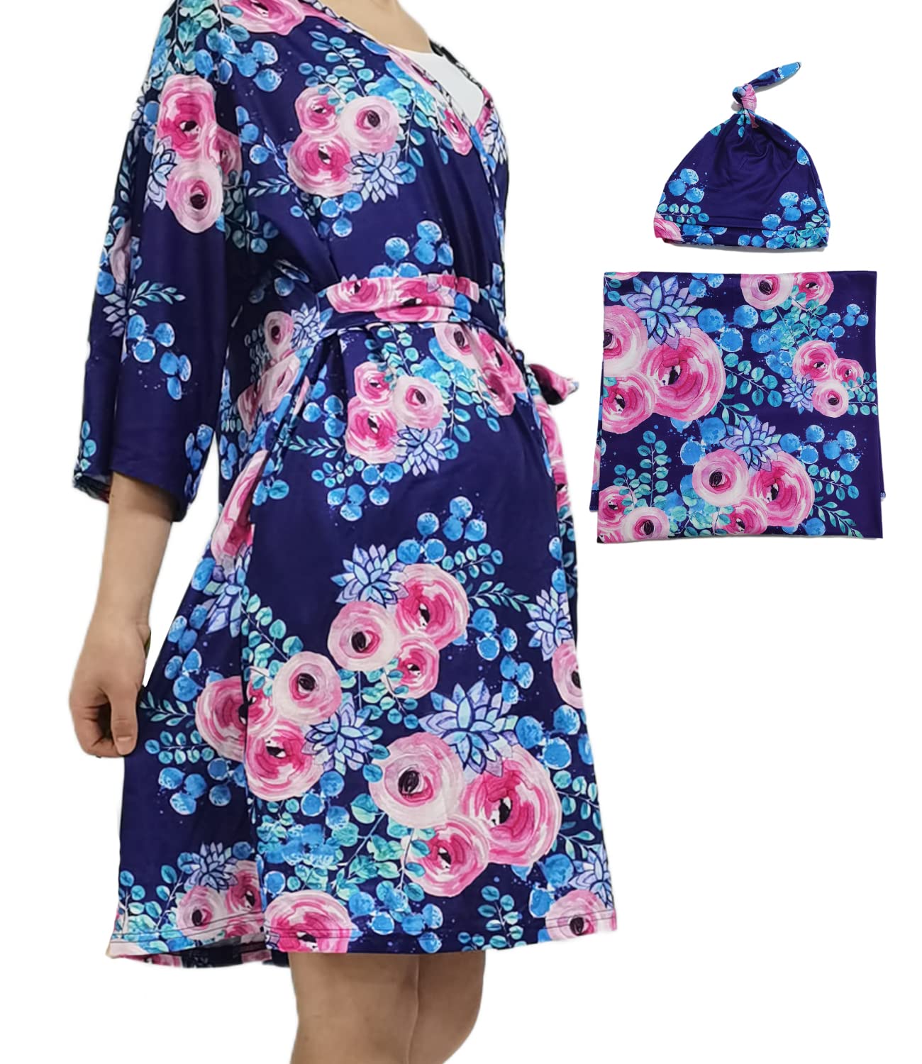 Adjustable Maternity Summer Dress with Matching Swaddle Set - 3-in-1 Labor, Delivery & Nursing Gown for Breastfeeding | Comfortable V-Neck Sleepwear for Hospital & Home Use