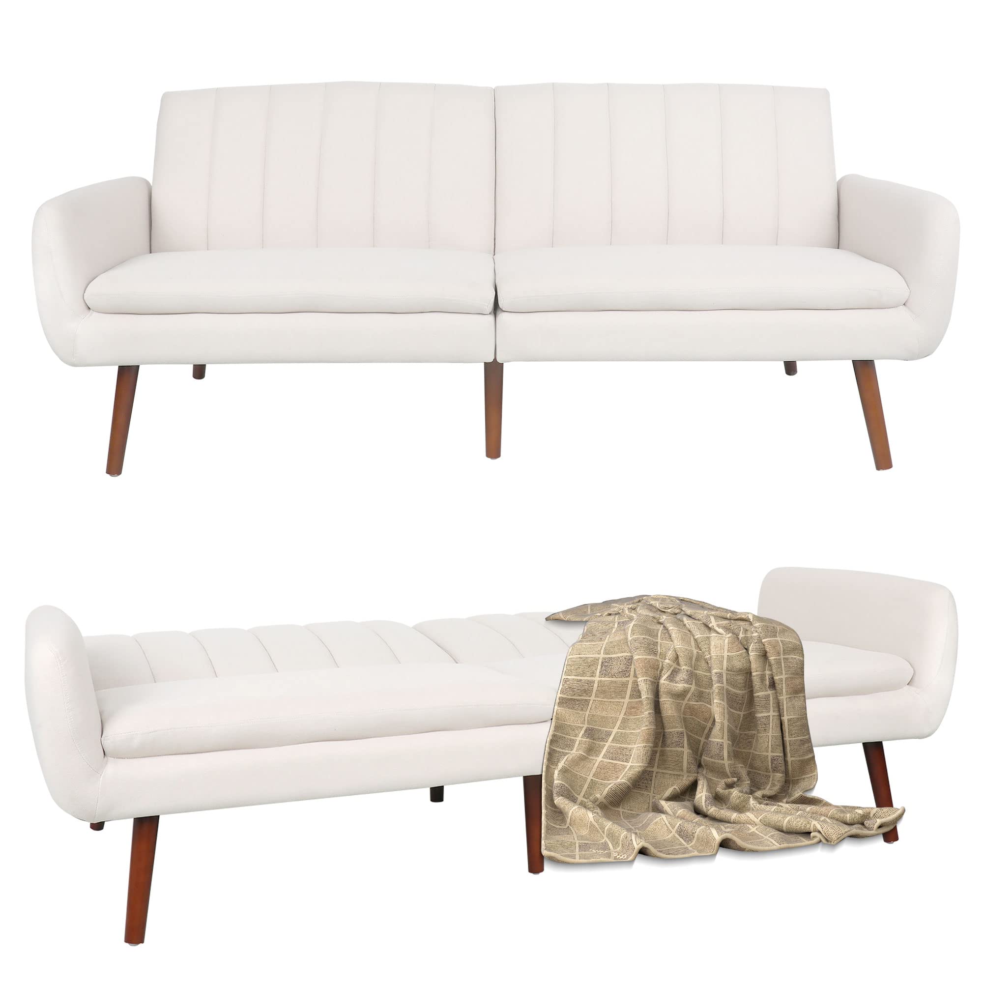 Convertible Futon Sofa Bed - Adjustable Back Modern Upholstered Sleeper Couch Loveseat Recliner with Armrests & Solid Wood Legs - Multi-Functional Furniture for Living Room, Apartment, Office, Bedroom (Beige) | Perfect for Small Spaces, Guest Sleeping & Lounge Relaxation
