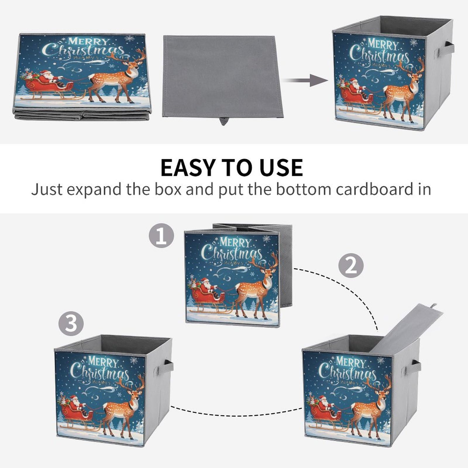 Foldable Storage Bins with Handles - Large Capacity Santa Claus & Elk Pulling Sled Printed Storage Boxes for Playroom, Office, Home Organization | Perfect for Toys, Books, and Holiday Decor Storage