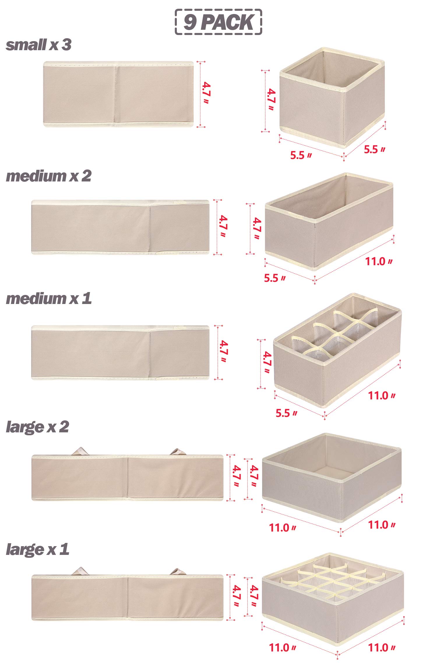 9-Pack Foldable Fabric Drawer Organizer Dividers - Cloth Storage Boxes & Bins for Underwear, Bras, Socks, Panties - Closet & Dresser Organizer for Nursery, Baby Clothes & Lingerie (Beige) - Space-Saving Home & Office Storage Solution