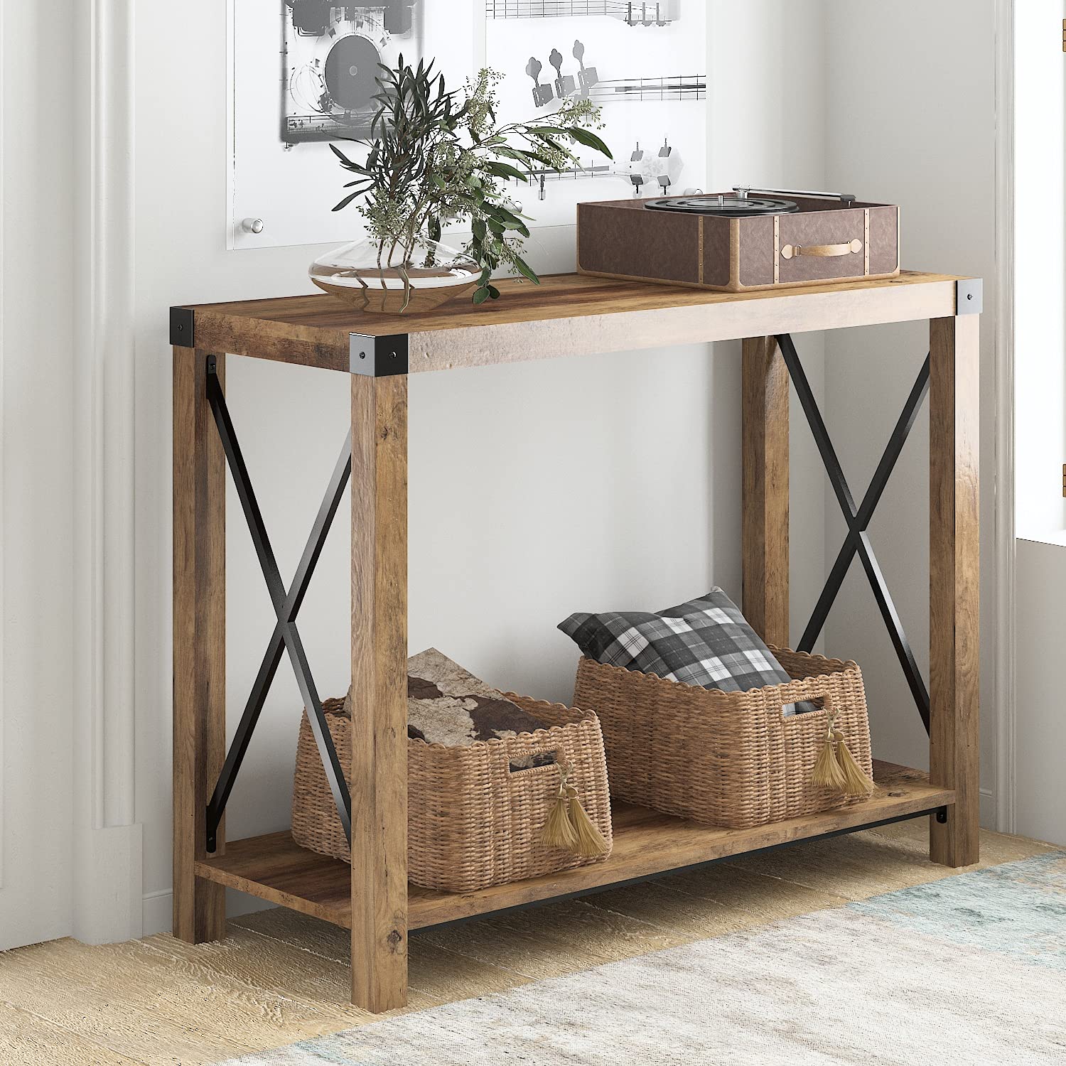 Hoomic Farmhouse Entryway Table with Open Storage Shelf & X-Shaped Metal Legs - Rustic Oak Console Table for Hallway, Living Room & Entryway - Perfect for Small Space Organization & Home Decor