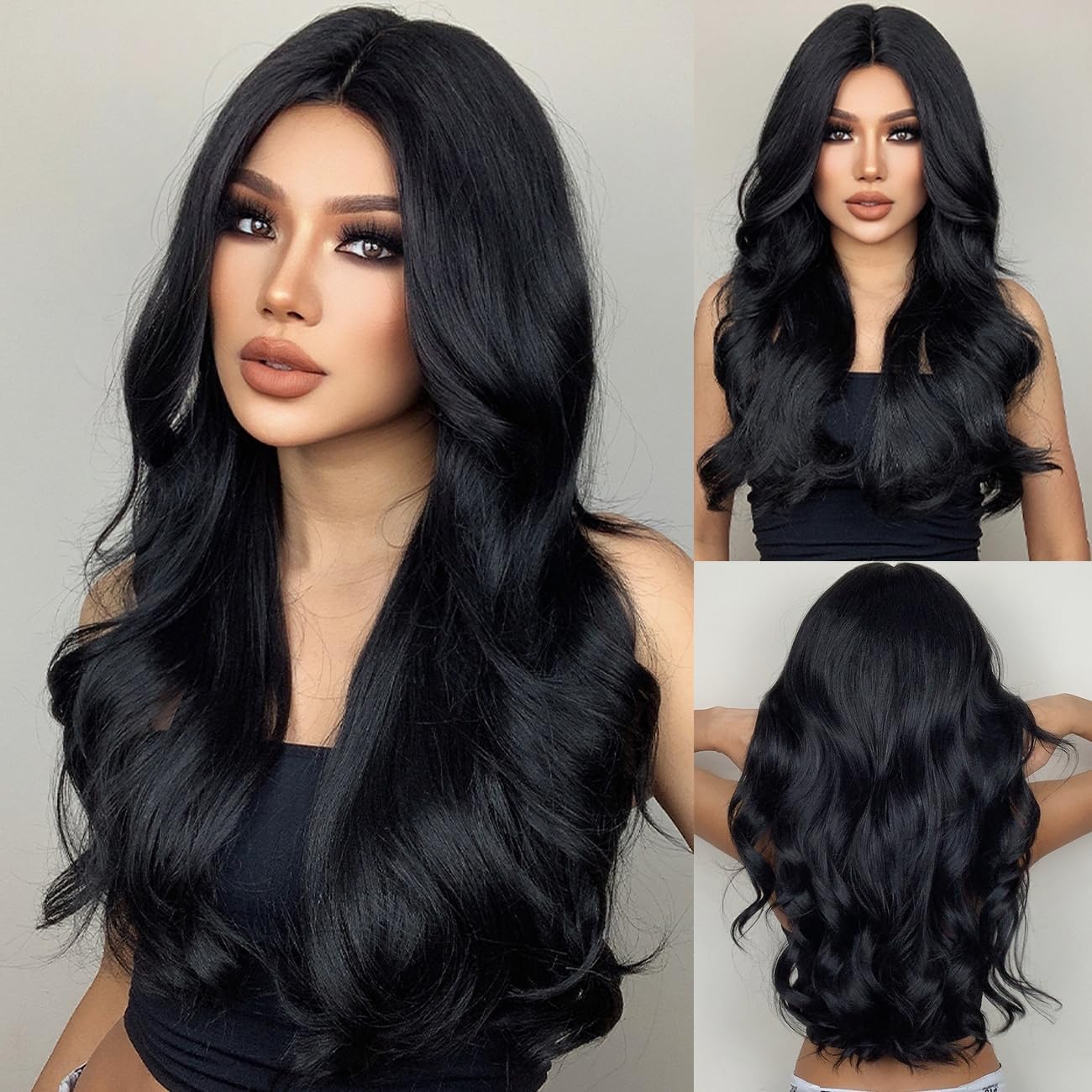 MISS LIRENN® 26-Inch Black Long Curly Wavy Synthetic Wig for Women - Natural Looking Center Part Human Hair Wig with 2 Free Wig Caps - Perfect for Cosplay, Daily Wear & Special Occasions