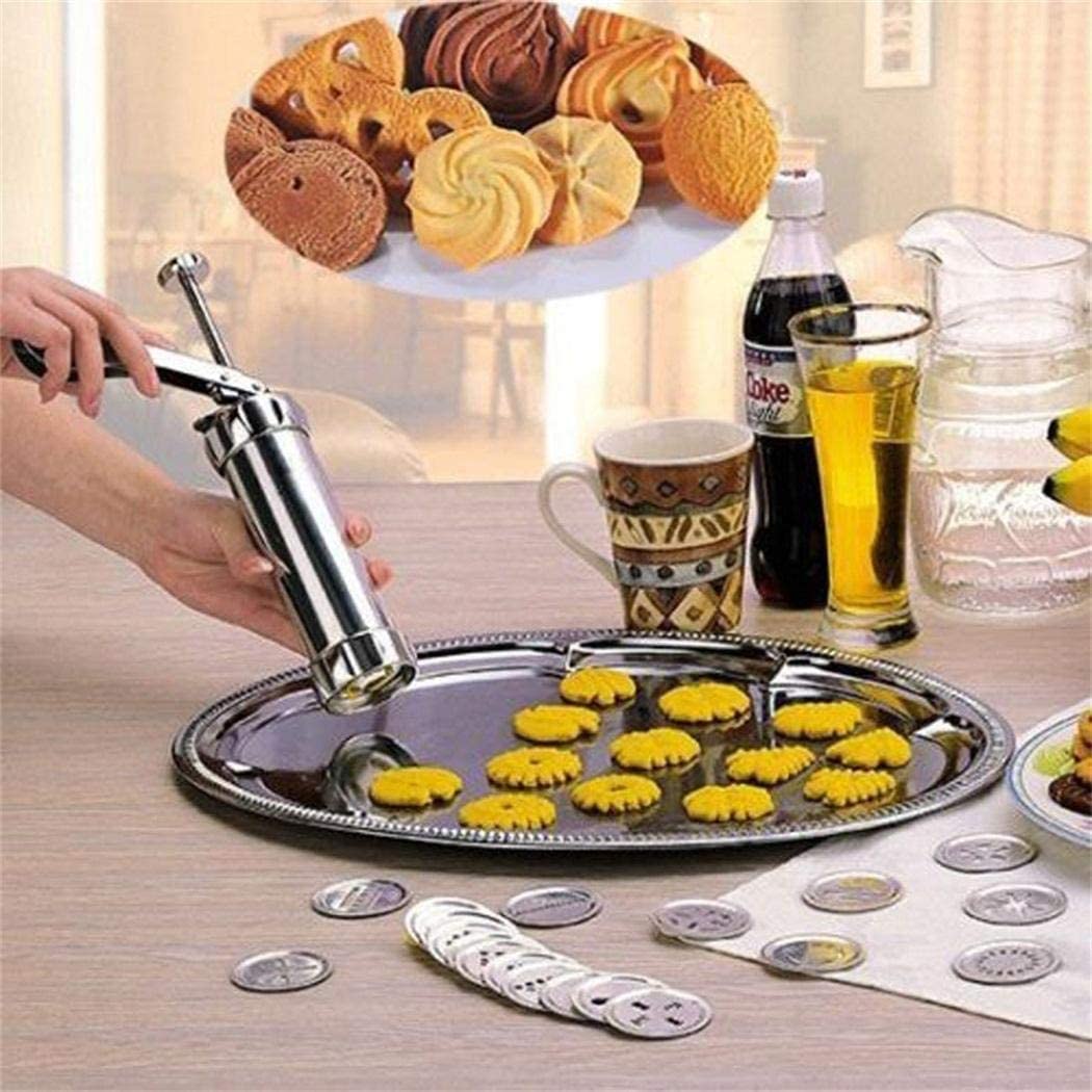 Stainless Steel Cookie Press Gun with 20 Cookie Mold Discs & 4 Piping Nozzles - Spritz Cookie Maker & Icing Decorating Kit for Baking, DIY Biscuits, Cake Decor (Silver) | Perfect for Holiday Cookies, Wedding Desserts & Home Baking Gifts