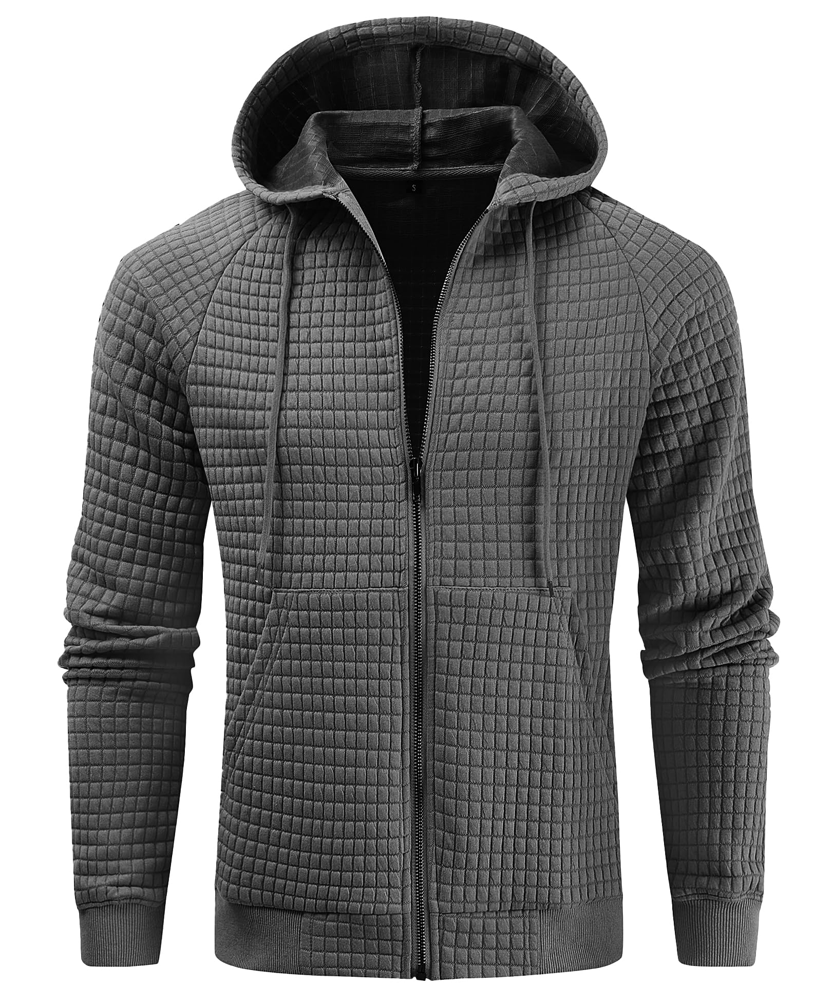 Men's Lightweight Waffle Hoodie Full Zip Jacket - Plaid Long Sleeve Hooded Sweatshirt with Kangaroo Pocket for Casual Wear & Outdoor Activities