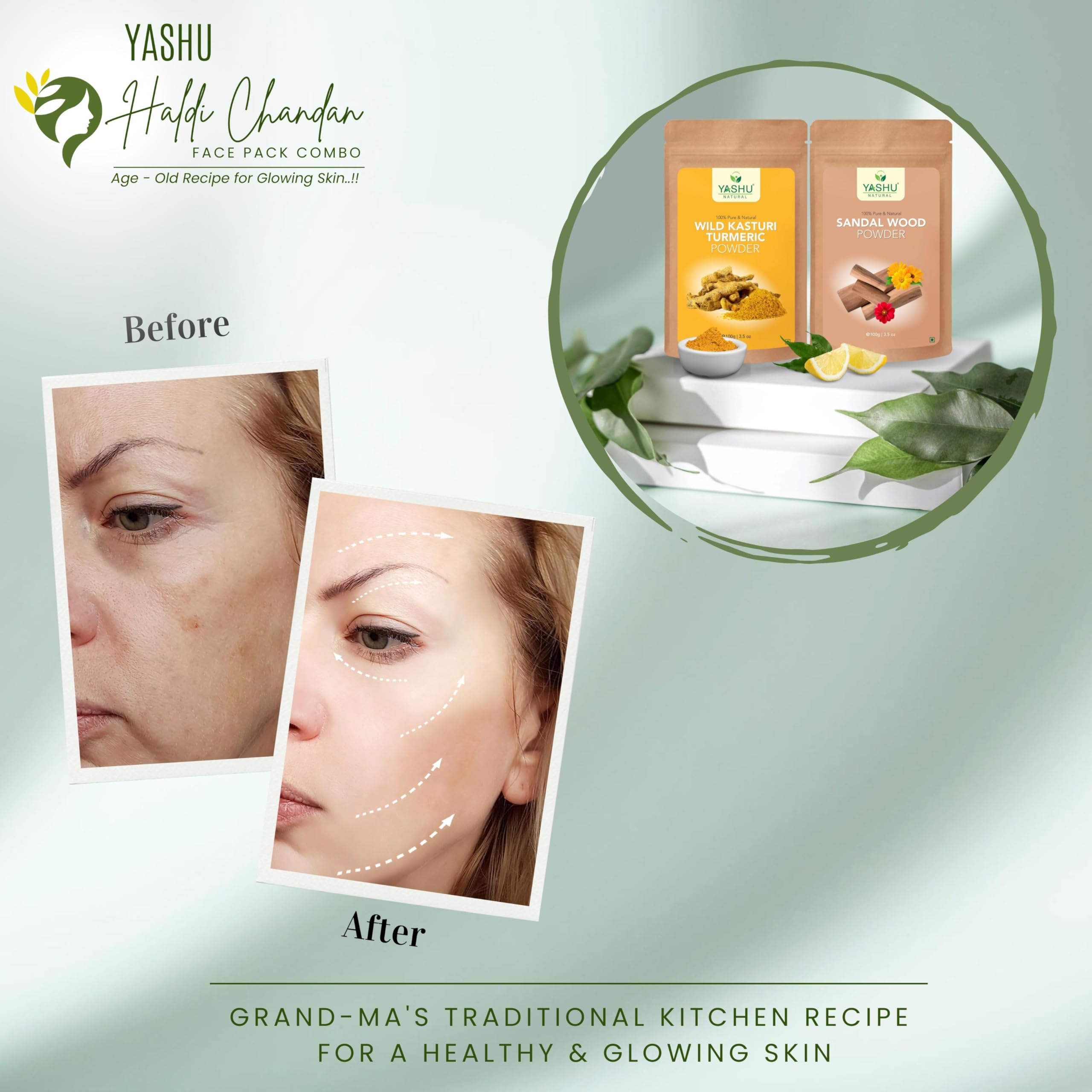 YASHU Pure & Organic Kasturi Turmeric & Sandalwood Face Pack Combo for Skin Brightening & Glow - 200g (Pack of 2) | Natural De-Tan Treatment for Radiant Skin | Perfect for Daily Skincare & Spa Days