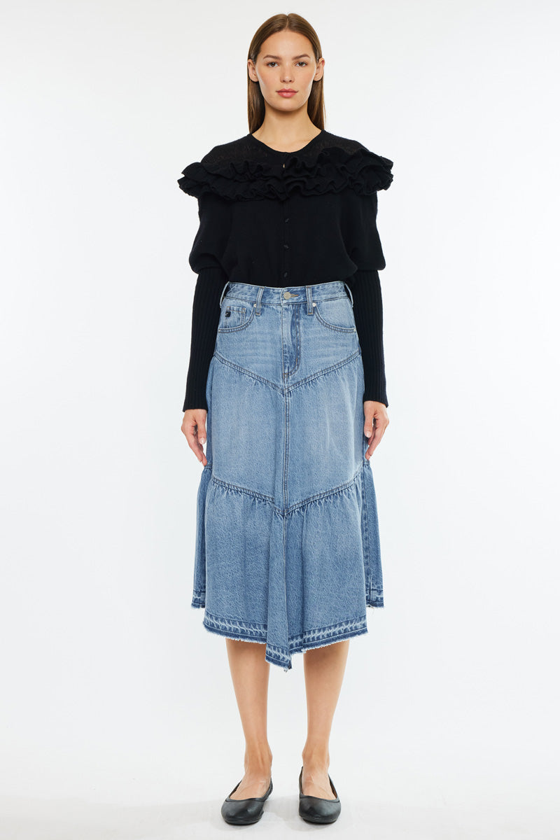 Stylish Santina Ultra High Rise Midi Skirt for Women - Trendy A-Line Denim Skirt with Stretch - Perfect for Office, Date Night & Casual Outfits