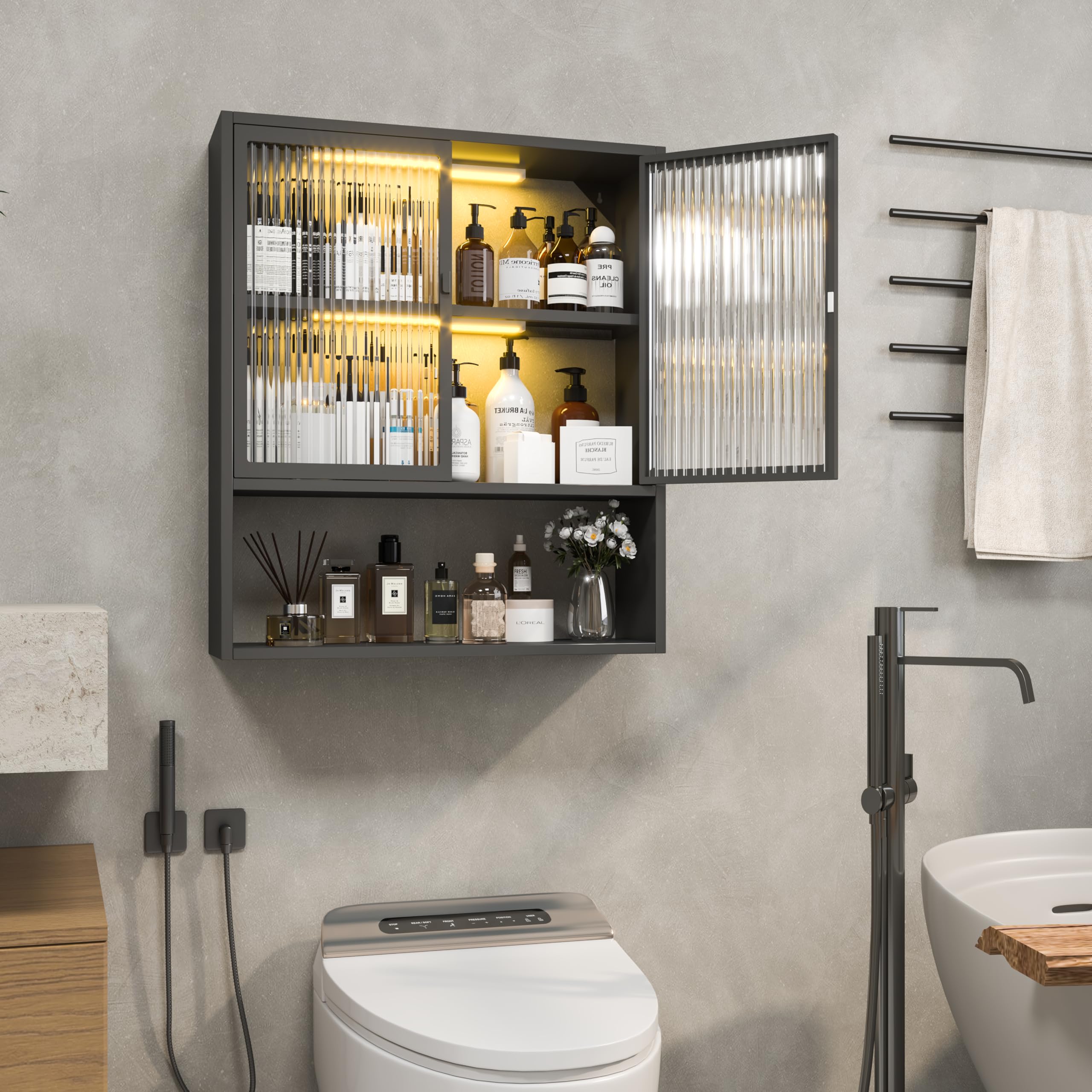 Black Metal Storage Cabinet with Glass Doors & Lights - Over The Toilet Wall Mounted Medicine Cabinet for Bathroom, Kitchen, Laundry Room - Perfect for Organizing Toiletries, Cleaning Supplies & Small Essentials