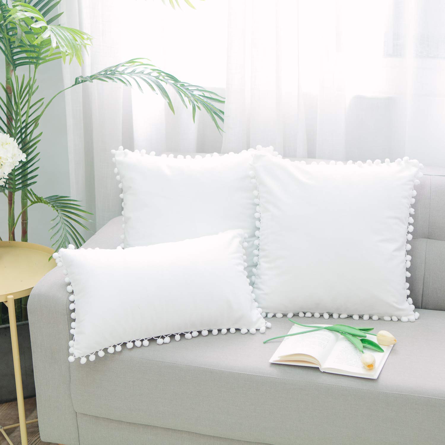 Luxury White Velvet Decorative Throw Pillow Covers with Pom Poms - Soft Solid Square Cushion Cases for Sofa, Couch, Bedroom & Car - Set of 2 (16x16 Inches) - Perfect for Home Decor, Living Room Accents & Cozy Comfort