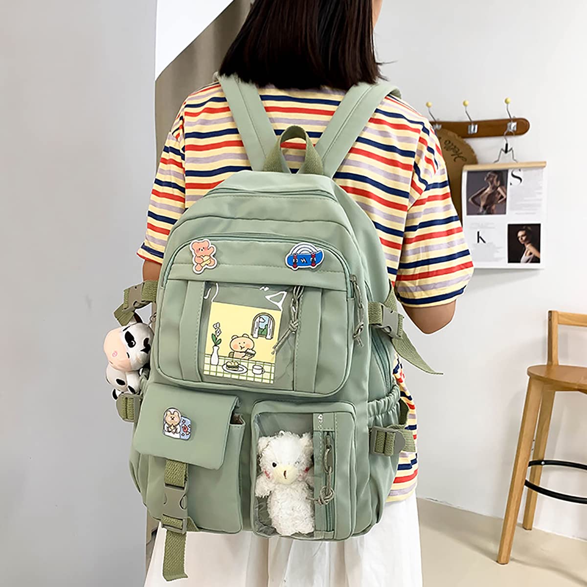 Cute Kawaii Aesthetic Backpack with Badge Pins & Keychain Pendant - Lightweight Travel Backpack for School, College, Work & Daily Commute
