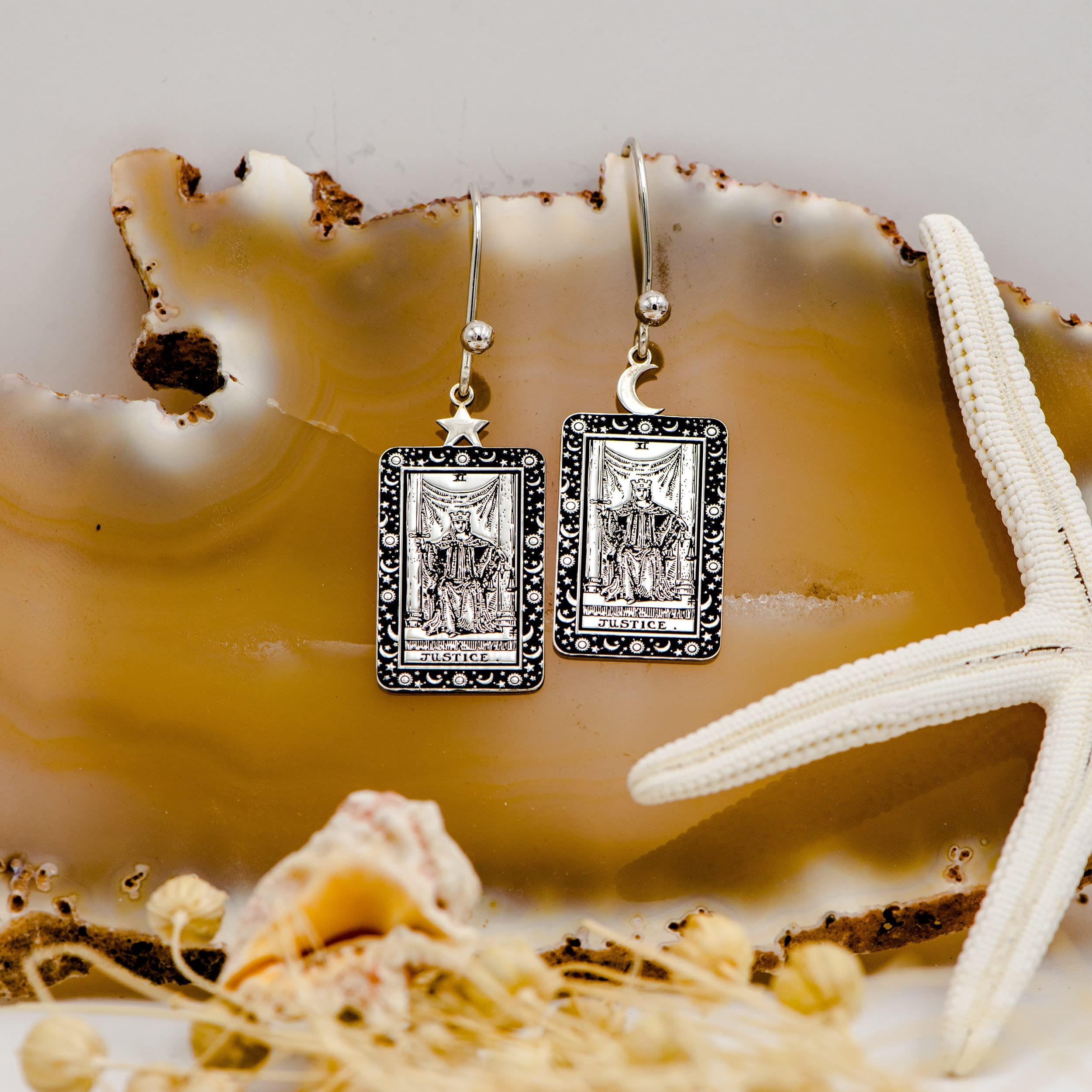 925 Sterling Silver Magic Arcana Tarot Card Earrings - Mystical Symbol Engraved Rectangle Lobe Earrings with Secure Hook Closure | Perfect for Wiccan Rituals, Tarot Readings & Gothic Fashion (The Magician, Silver)