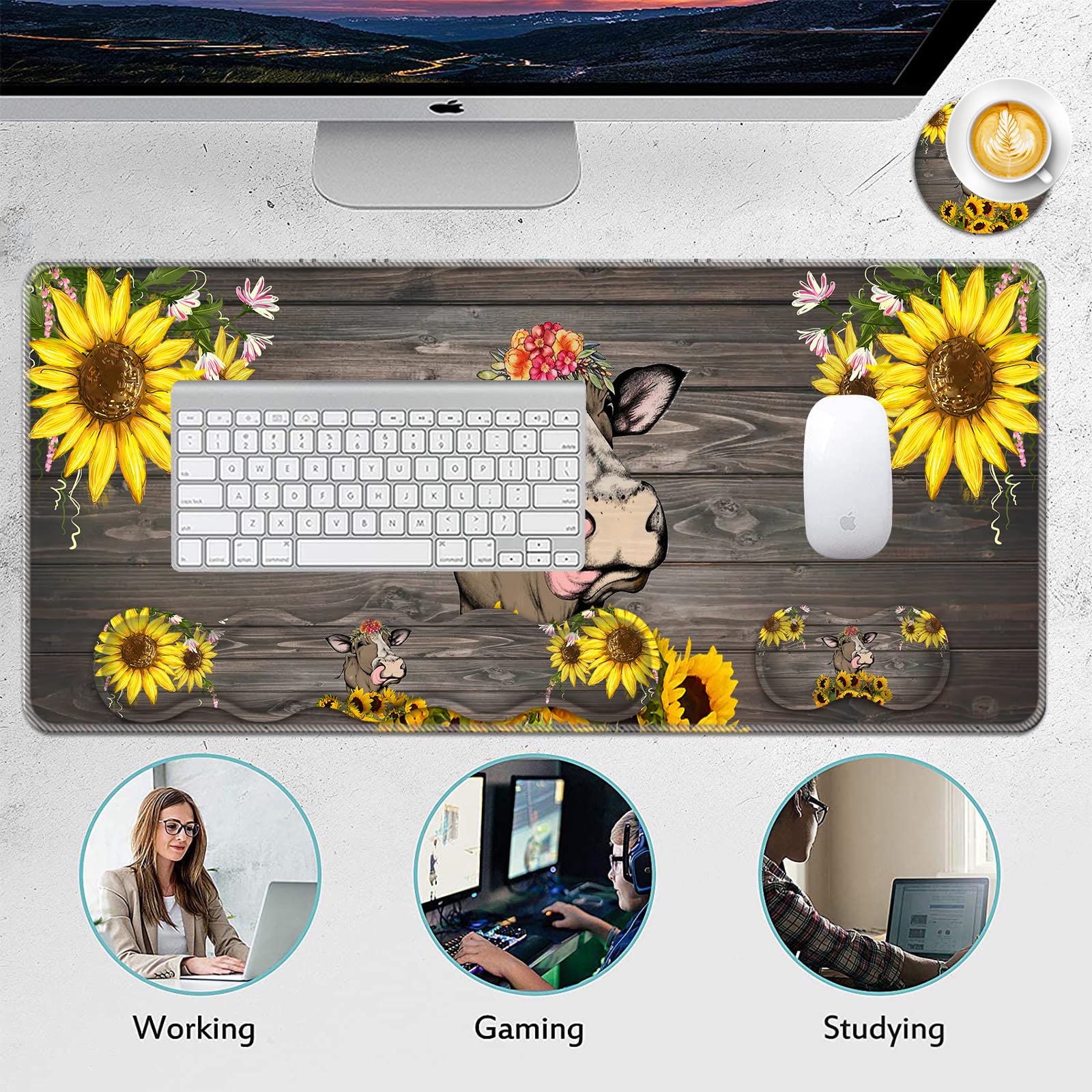 Premium Mouse Pad Set - 31.5×11.8 Inch Large Desk Mat with Keyboard & Mouse Wrist Rest Support, Non-Slip Base, Cute Cow & Sunflower Design for Office, Home, Computer & Laptop - Perfect for Work, Gaming & Daily Computing Tasks