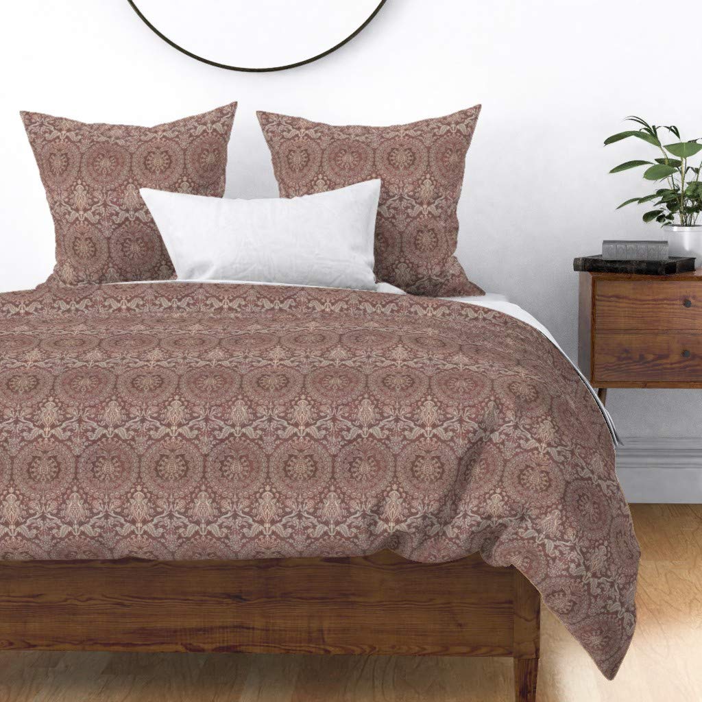Premium Cotton Sateen Duvet Cover Twin Size - Vintage Mauve Paisley Damask Print with Moroccan Floral Design | Victorian Inspired Faded Rose Bedding Set for Boho Chic & Luxury Bedroom Decor