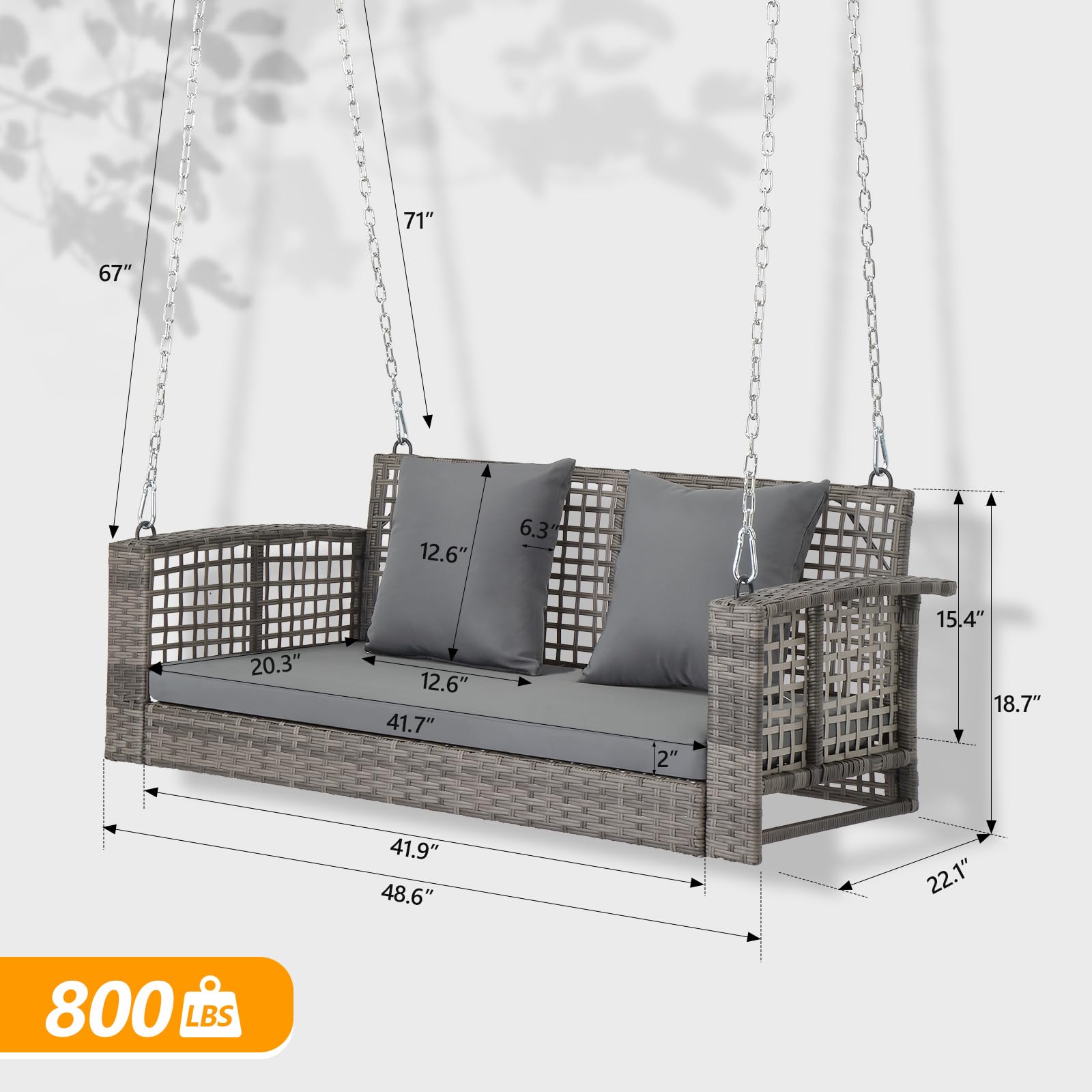 VINGLI 4 FT Outdoor Rattan Porch Swing with Cushions - 800 LB Weight Capacity, Adjustable Chains - Patio Wicker Swing Bench Chair for Garden, Yard, Lawn, or Tree (Grey) - Perfect for Relaxing on Your Porch, Deck, or Backyard Oasis