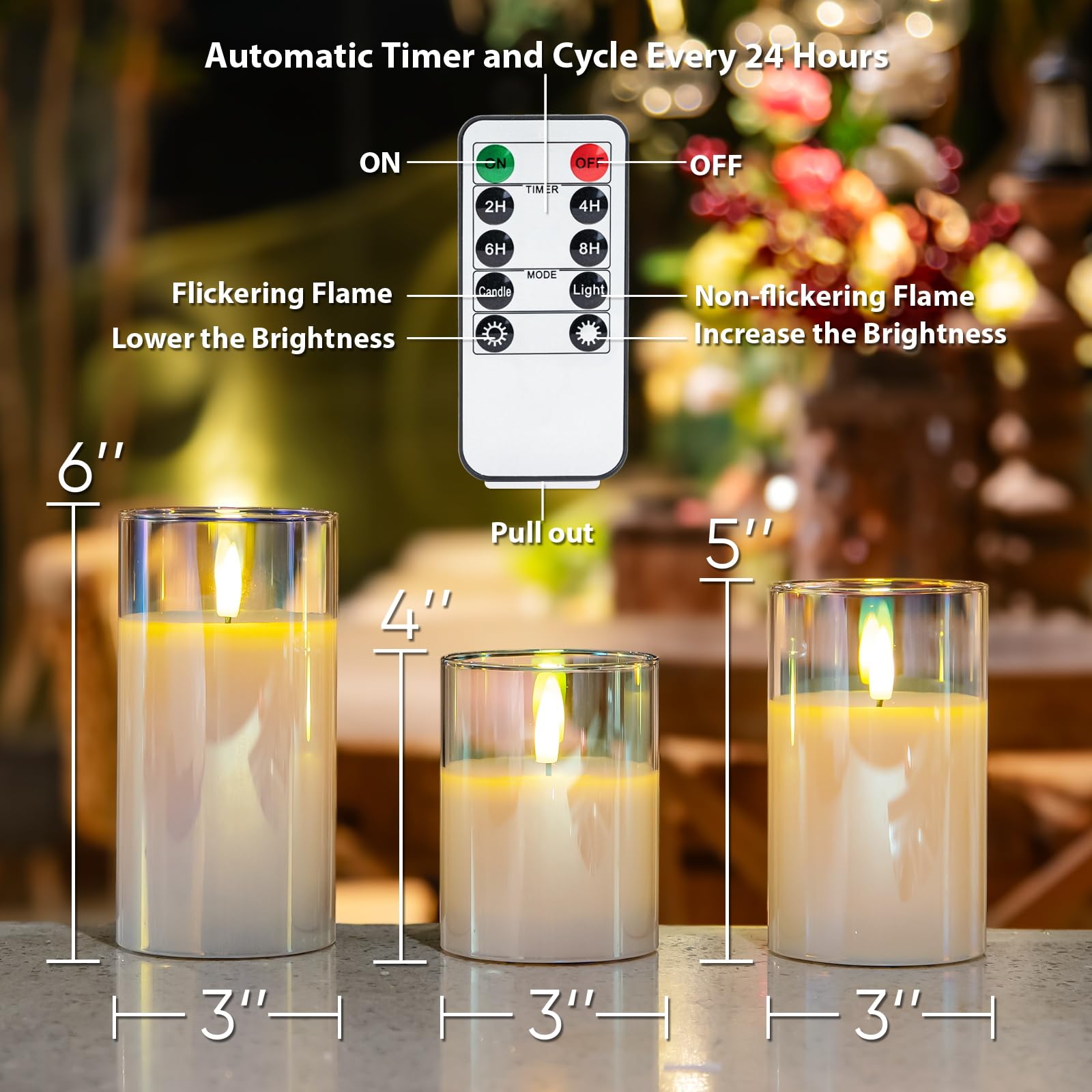 Gradient Glass Flameless Candles - Remote LED Candles Set of 3 for Home Decor & Parties