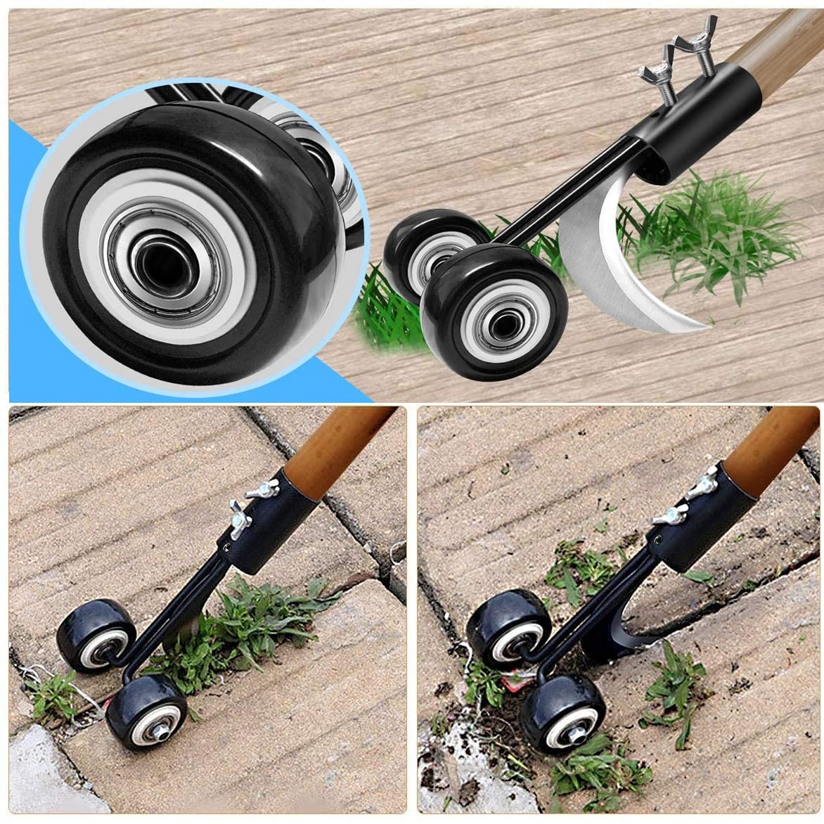 Stand Up Weeding Tool with Wheels - Ergonomic Crevice Weeder for Garden, Patio, Lawn & Driveway - Perfect for Sidewalk Cracks, Backyard Maintenance & Weed Removal