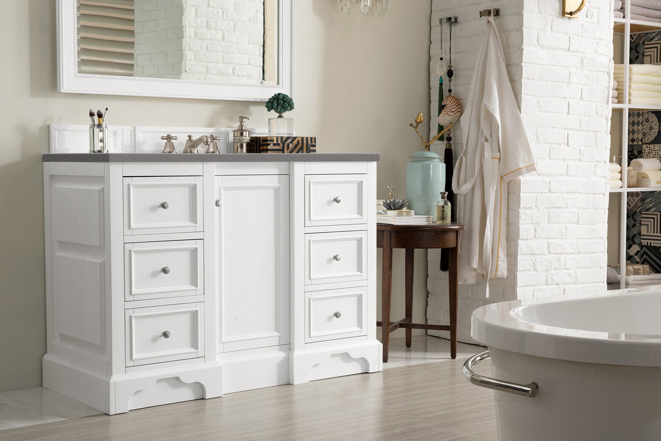De Soto 48 Inch Single Bathroom Vanity with Bright White Finish & 3CM Gray Expo Quartz Countertop - Perfect for Modern Bathroom Renovations and Small Space Designs