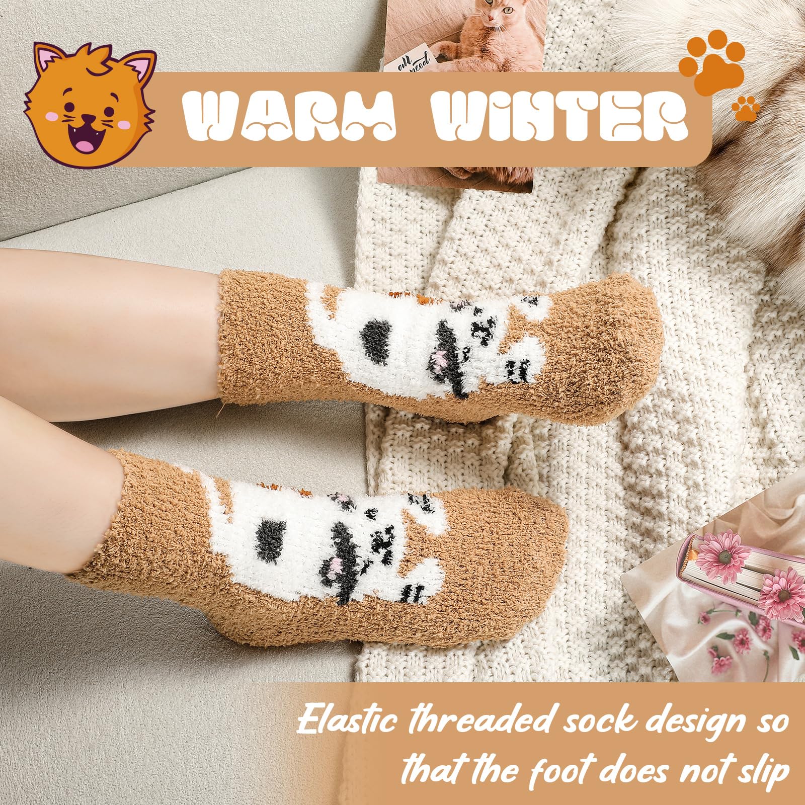 Soft Fluffy Fuzzy Socks for Women - Winter Warm Cozy Cat Print Socks for Home, Lounge & Gift Giving