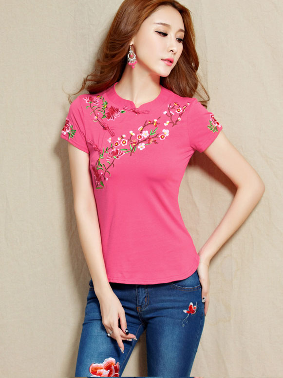 Embroidered Round Neck Cheongsam T-Shirt for Women - Elegant Chinese Style Casual Top for Daily Wear, Parties & Special Occasions