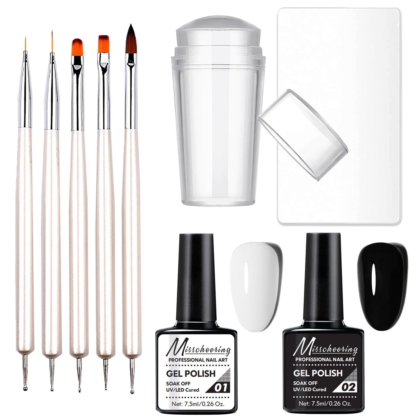 Gorvalin French Nail Stamper Kit - Black & White UV Gel Polish with Nail Art Brush & Dotting Pens | DIY French Manicure Set for Home Salon, Nail Art Designs & Professional-Looking French Tips